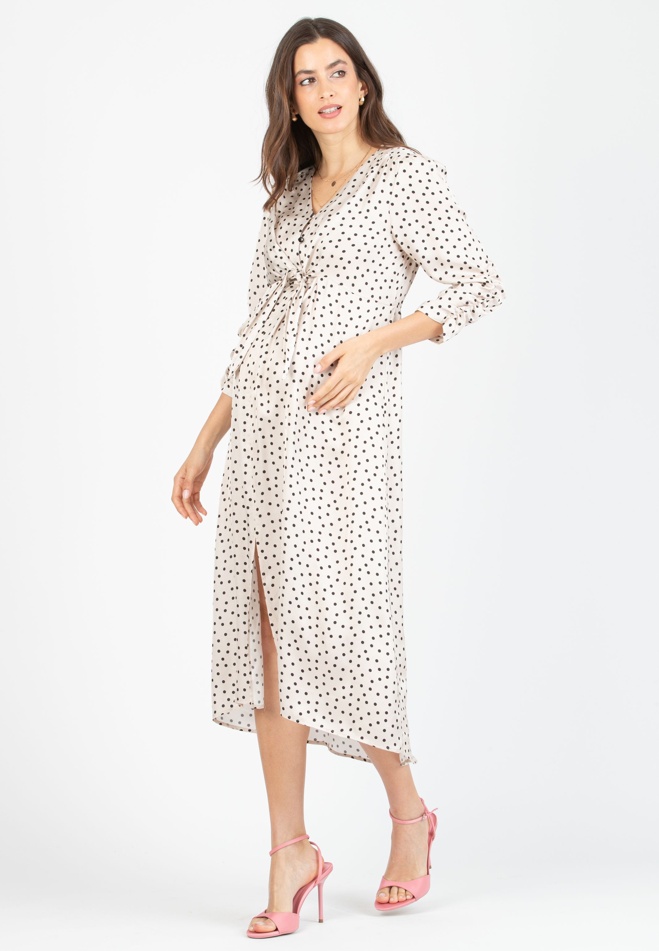 BELEN M/L - Abito Premaman & Allattamento in Viscosa a Pois con Corpino Annodato e Maniche 3/4 (Naturale)