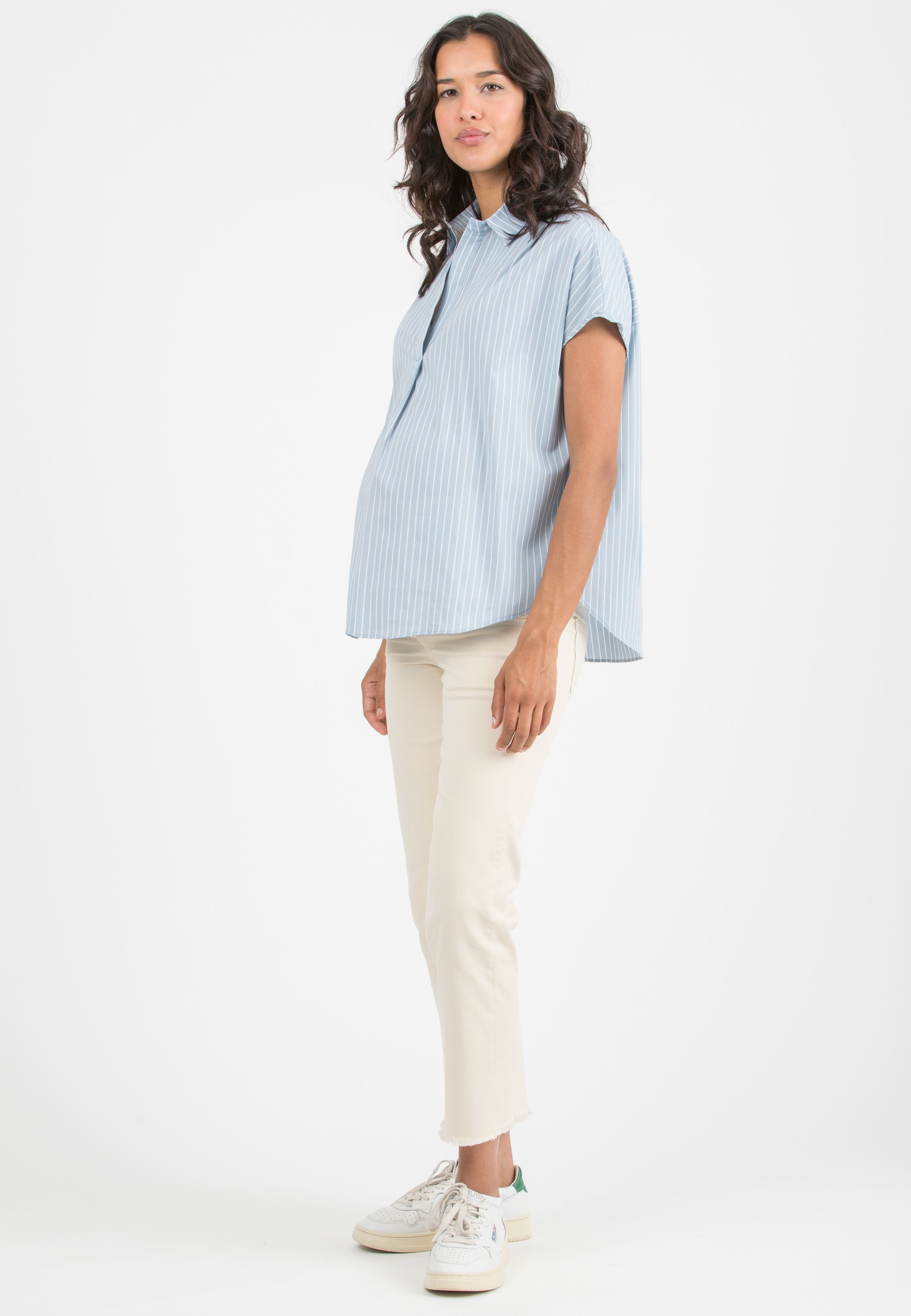 OLIVIA M/M - Camicia Over Premaman in Popeline di Cotone a Righe Larghe (Azzurro Polvere, XXS)