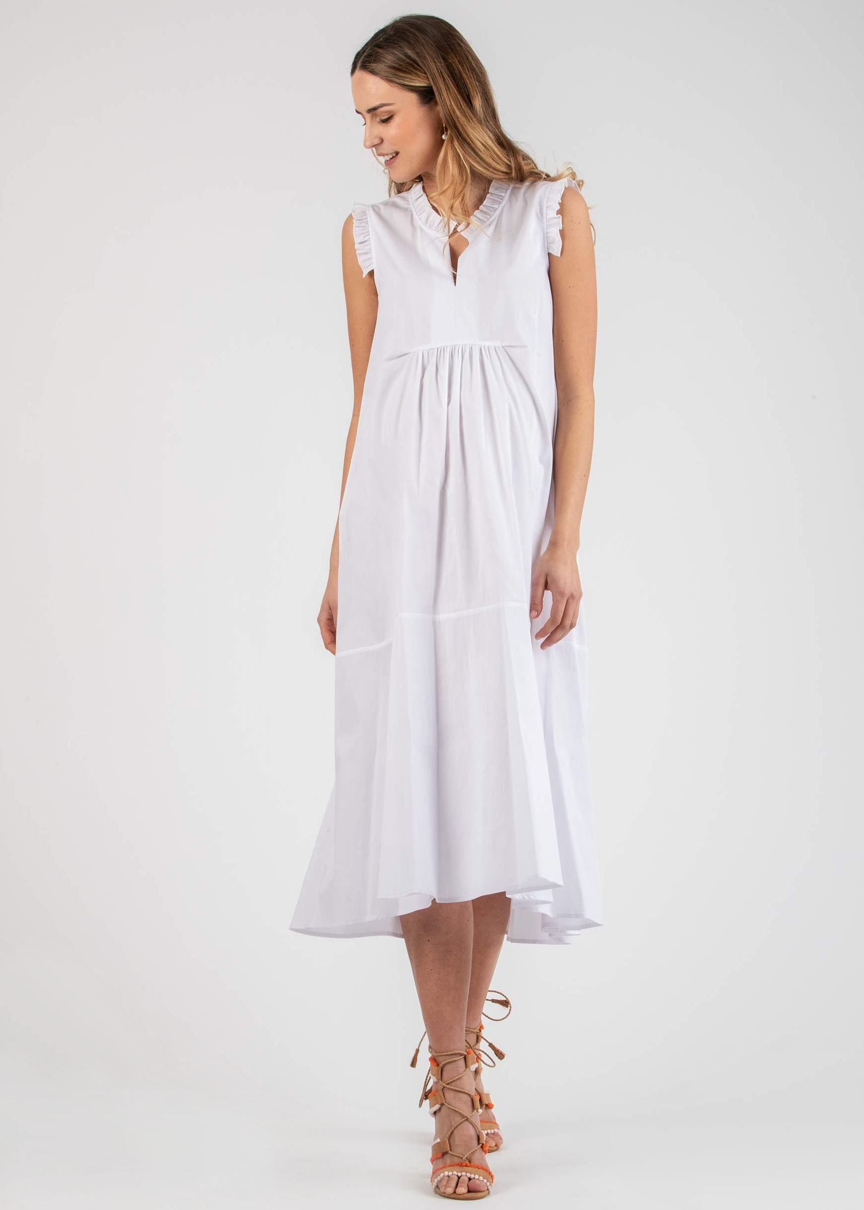 Midi Maternity Dress in Cotton Poplin with Frill Trims (White, XS)