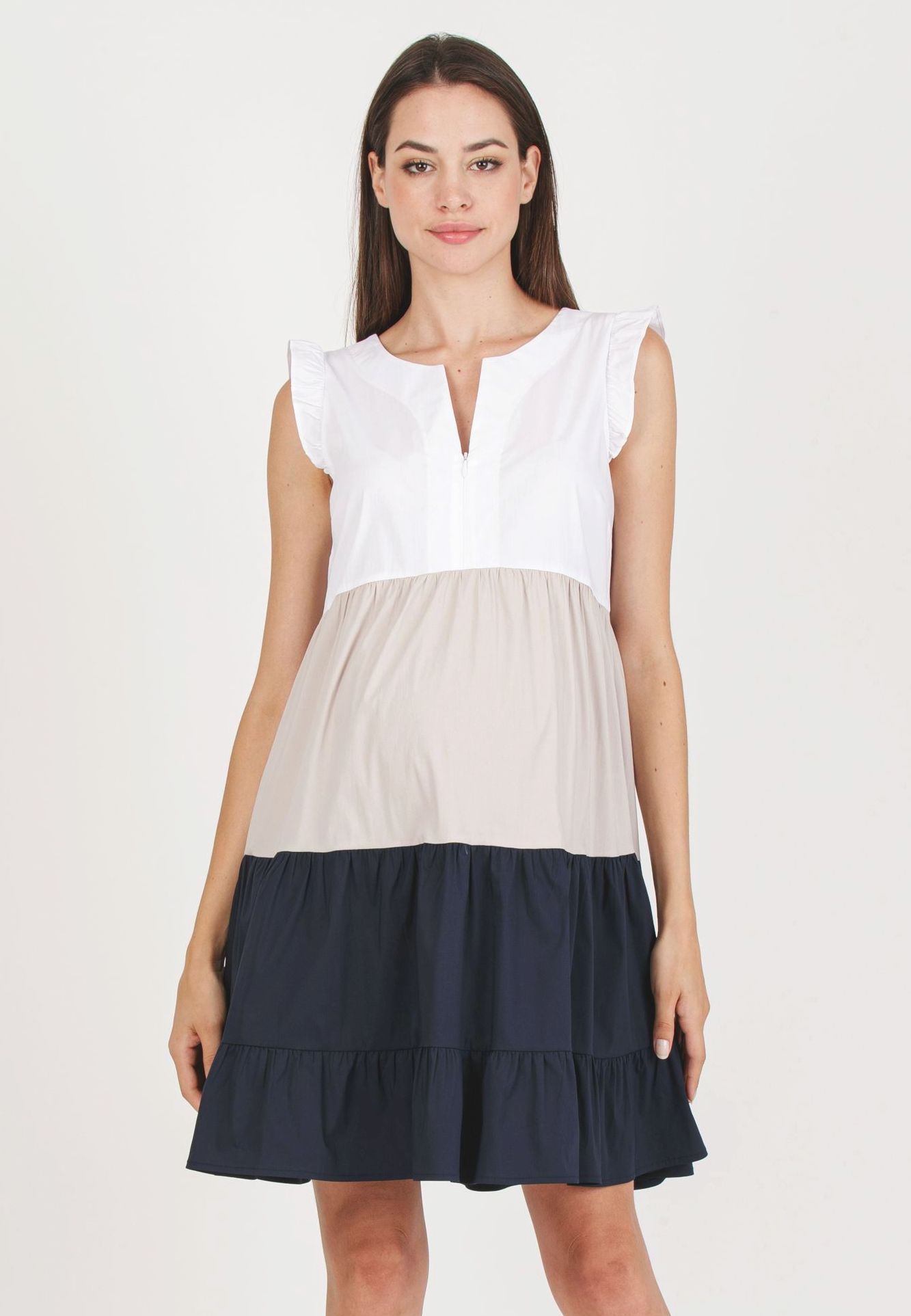 CHIARA - Abito Premaman & Allattamento in Cotone a Tre Colori con Balze (Blu, XS)