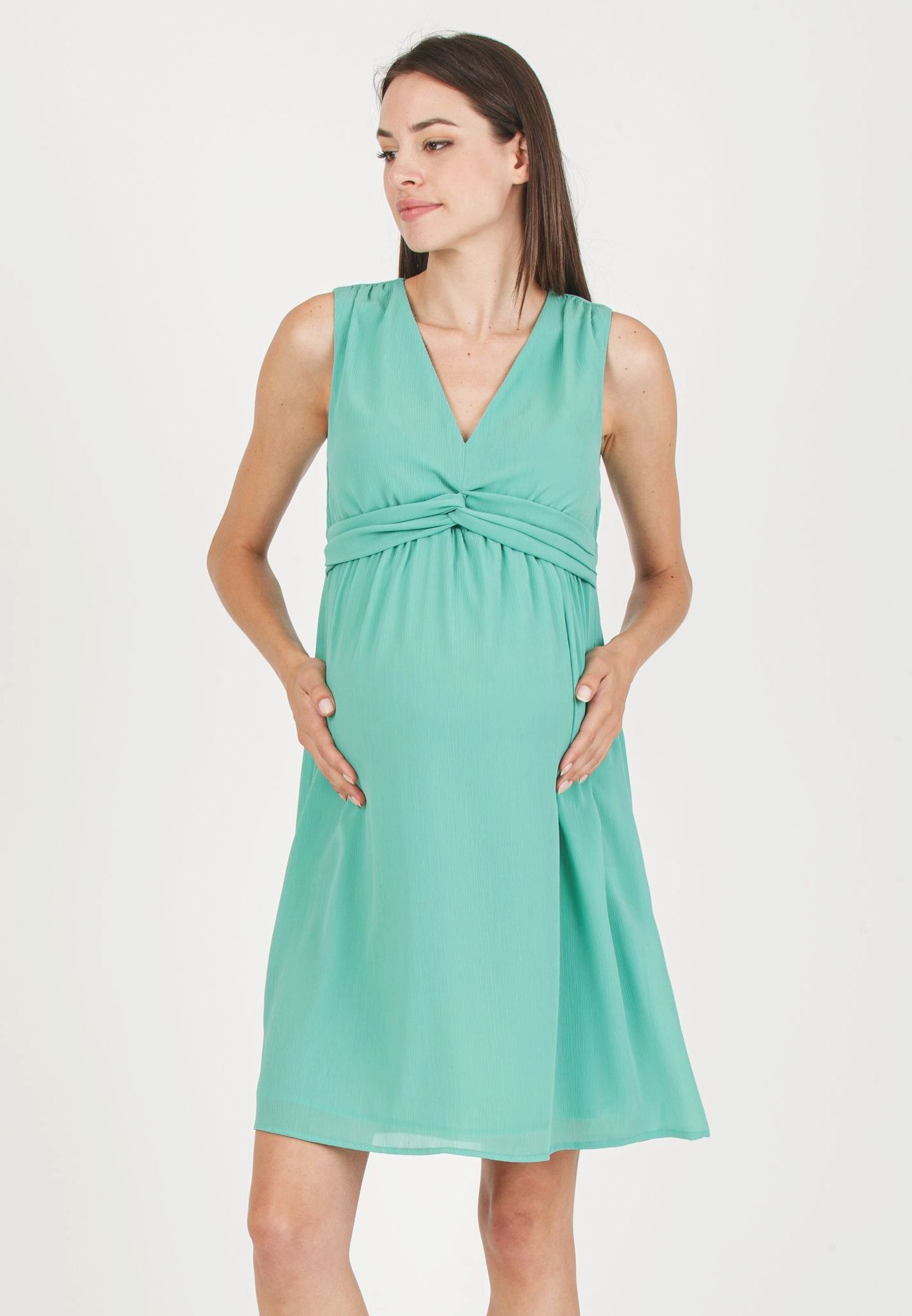 CLEO - Maternity Dress in Creponne with Knotted Sash (Aqua, XS)