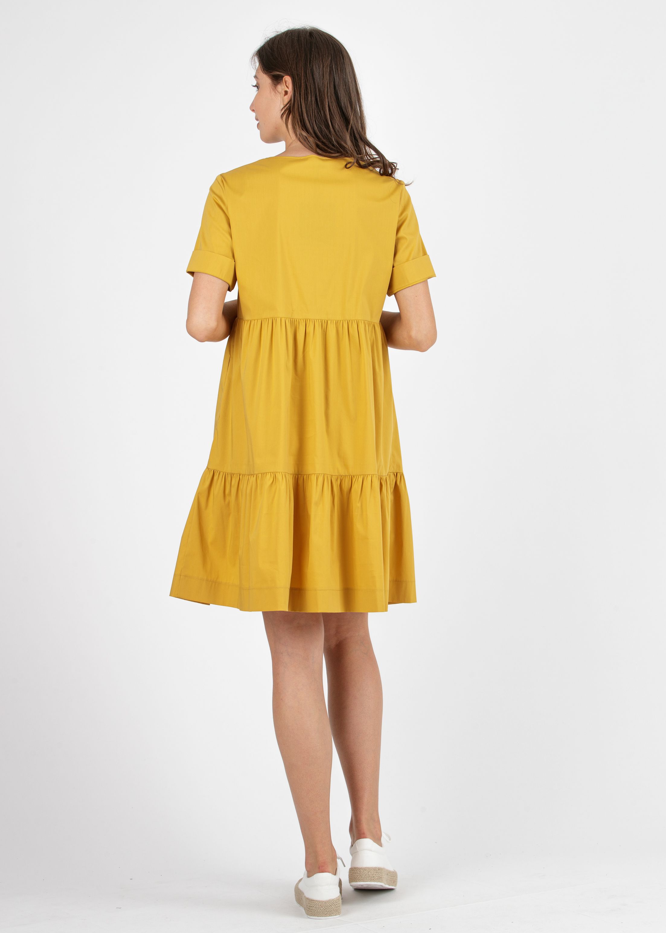 A-line Maternity Dress with Flounce and Important Button (Mustard, XS)