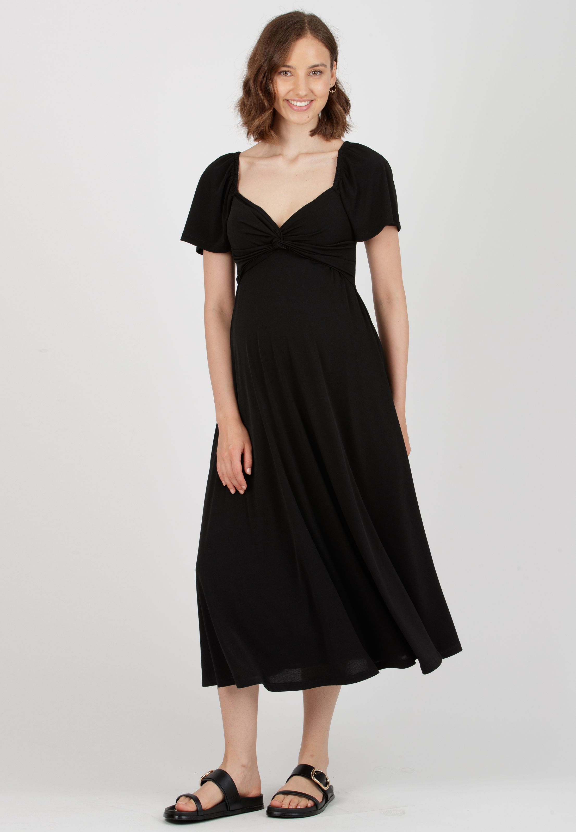 ESTELLE - Maternity & Nursing Dress with Sweetheart Neckline and Flared Midi Skirt (Nero)