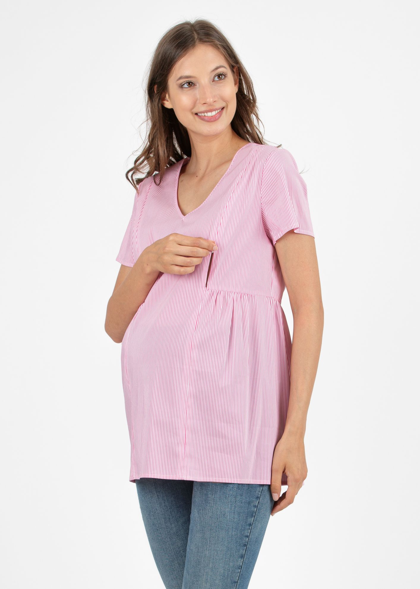 Striped Maternity & Nursing Blouse in Poplin (Fuxia)