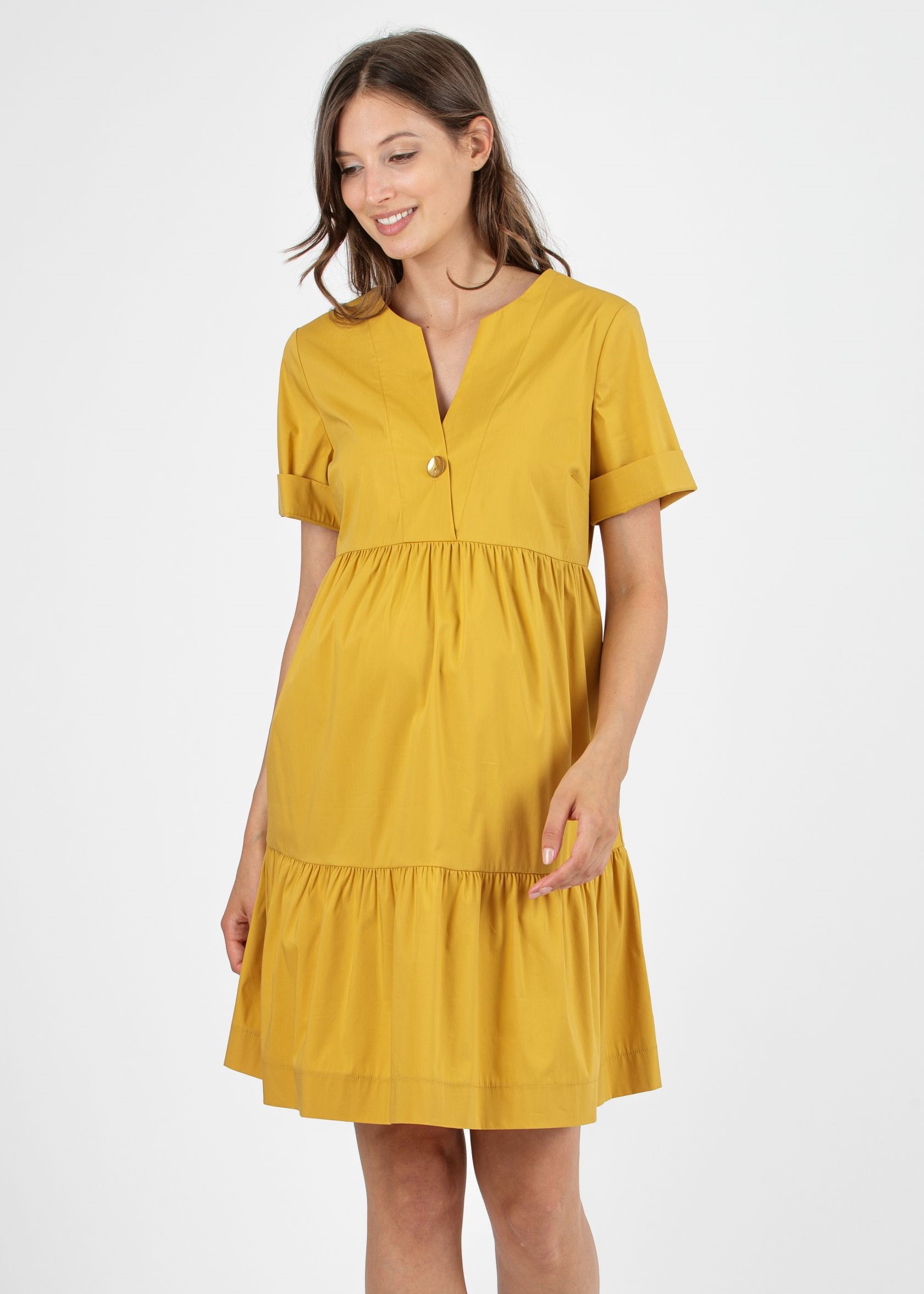 A-line Maternity Dress with Flounce and Important Button (Mustard, XS)