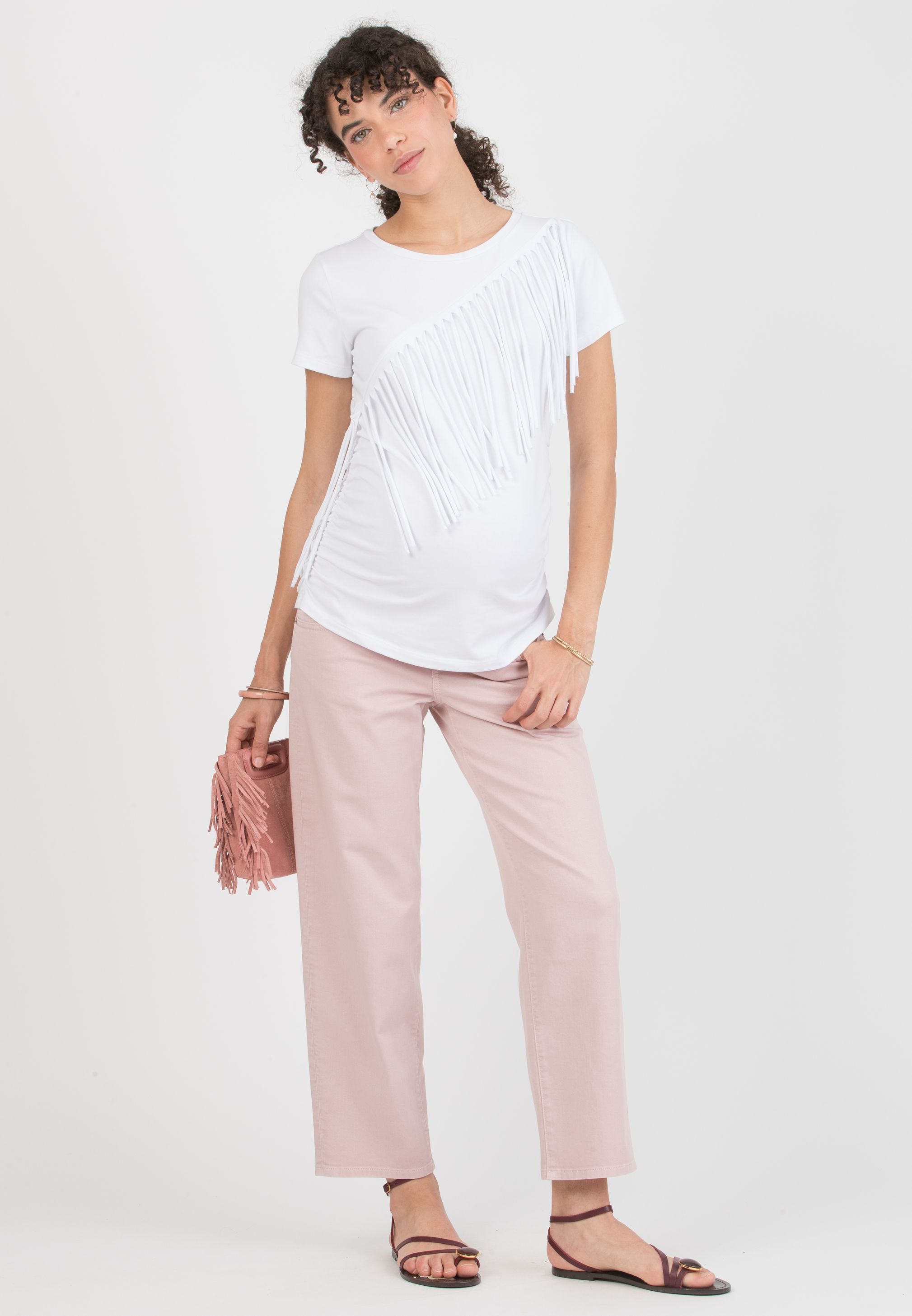 ARYNA - T-shirt Premaman in Cotone con Frange (Bianco Ottico, XS)