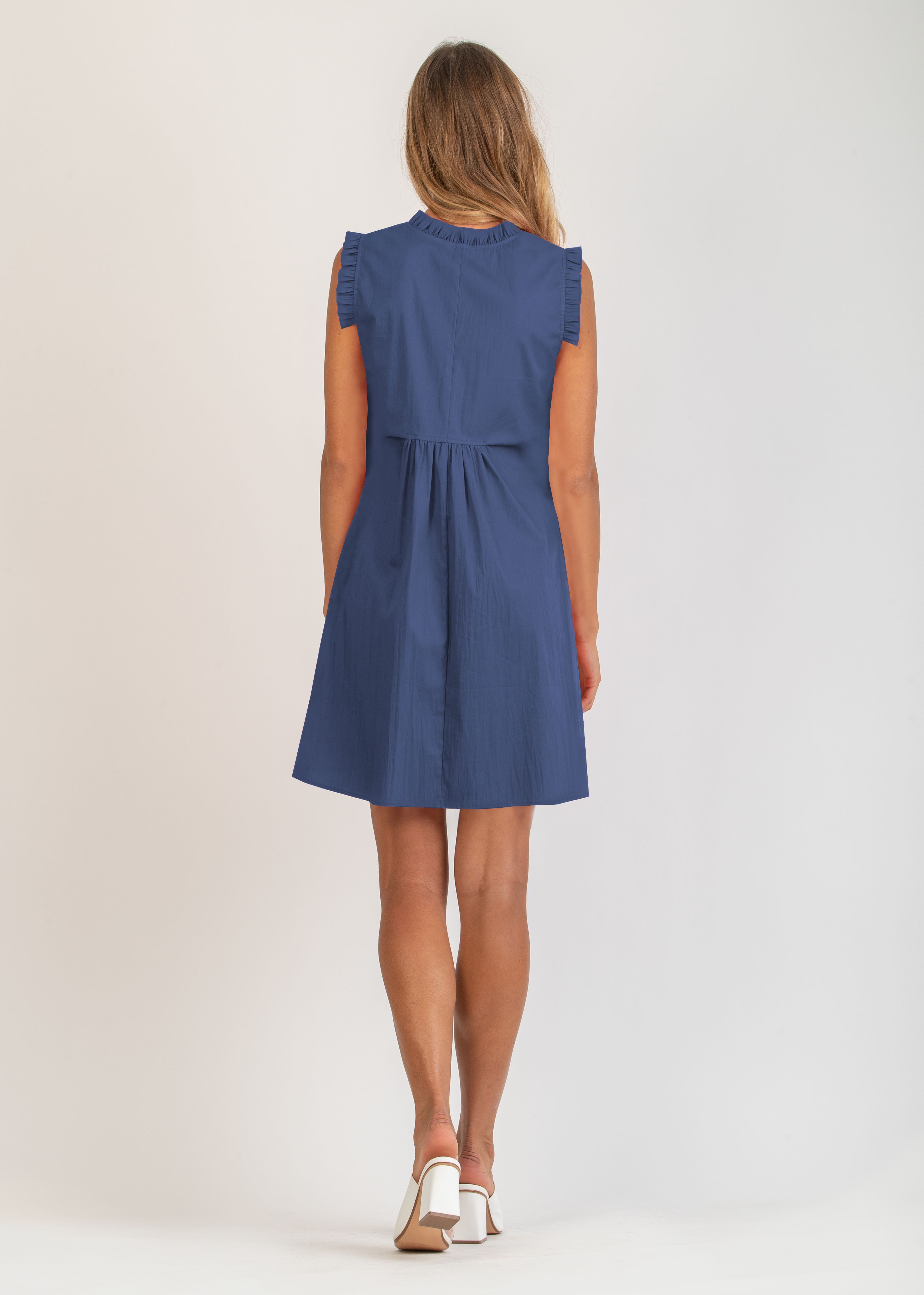 Maternity Dress in Cotton Poplin with Frill Trims (Blue, XS)