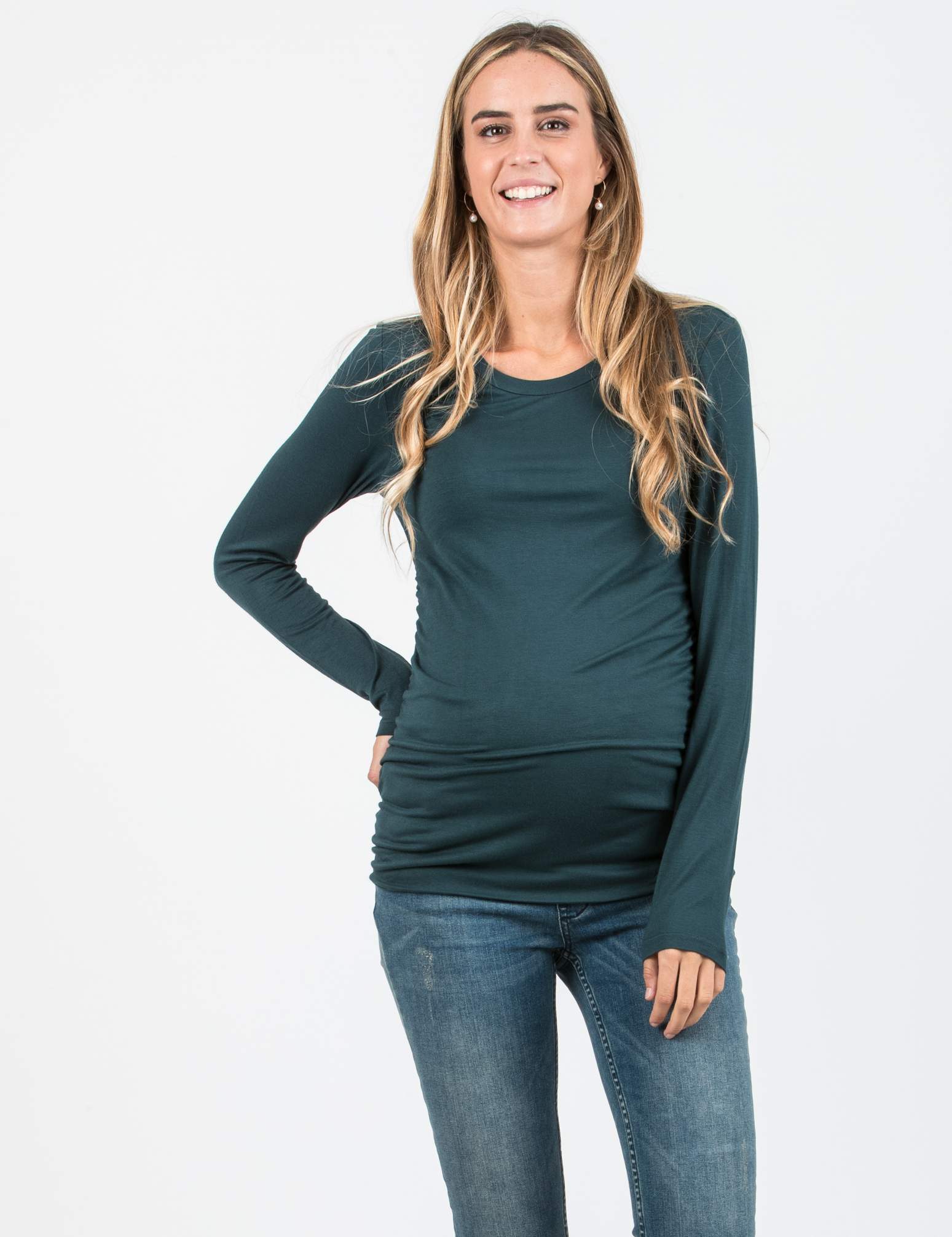 ELLEN - Long Sleeve Maternity Top with Gathered Sides (Green, XS)
