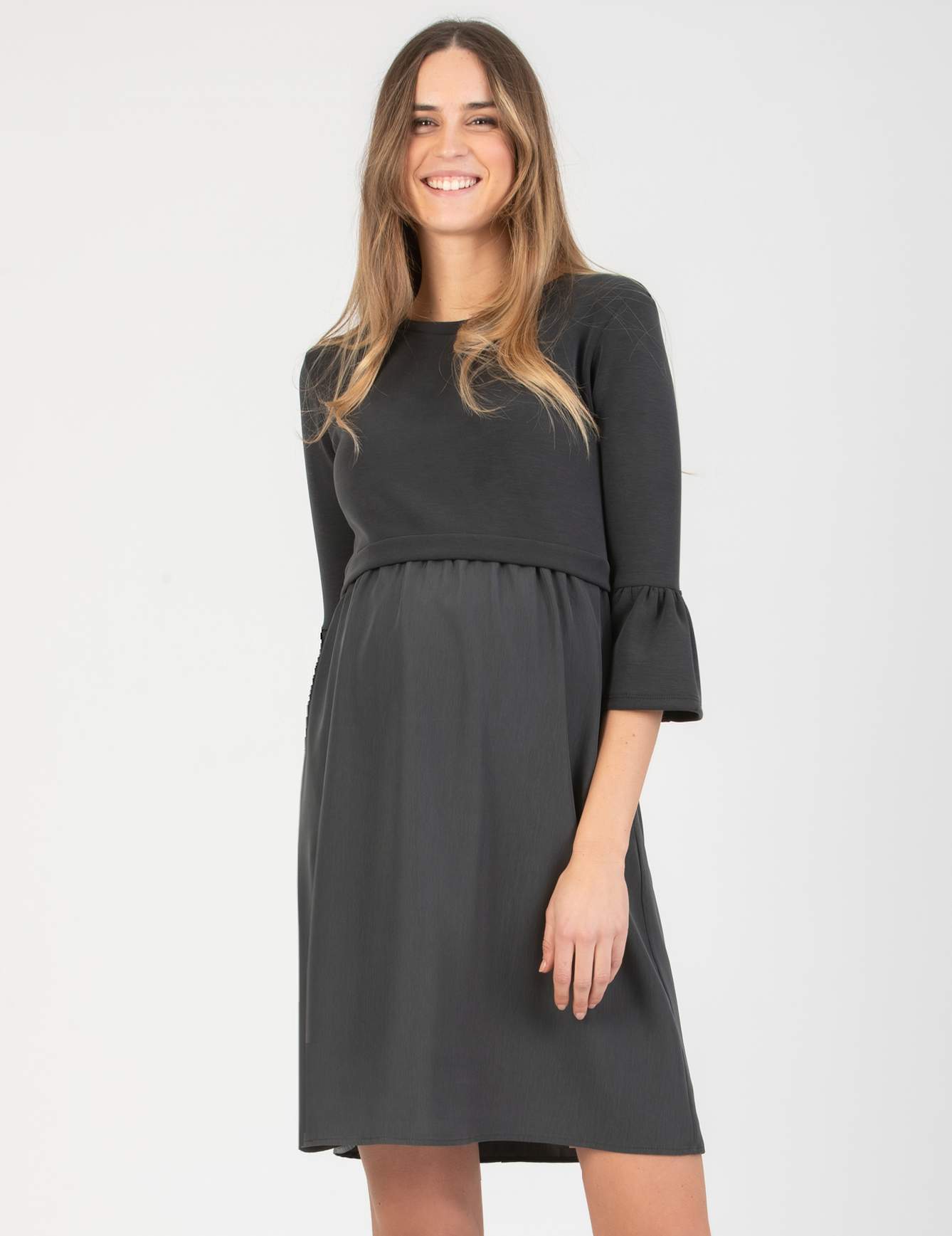 ILARIA - Modal and Satin Maternity & Nursing Dress (Anthracite, XS)