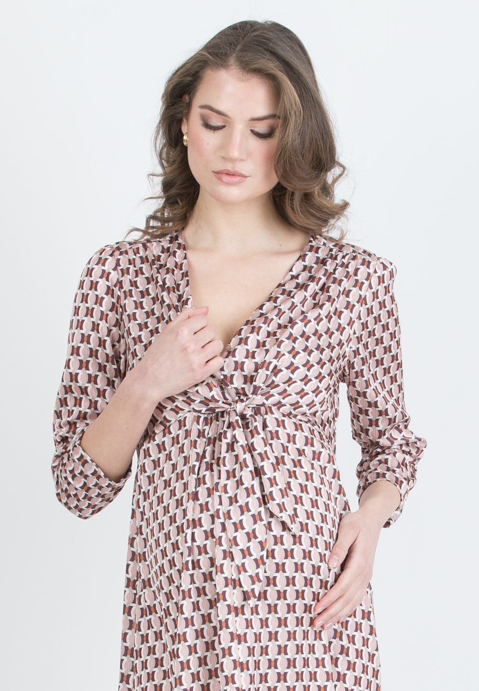 BELEN M/L - Maternity & Nursing Dress with Knotted Bodice and 3/4 Sleeves (Rosa)