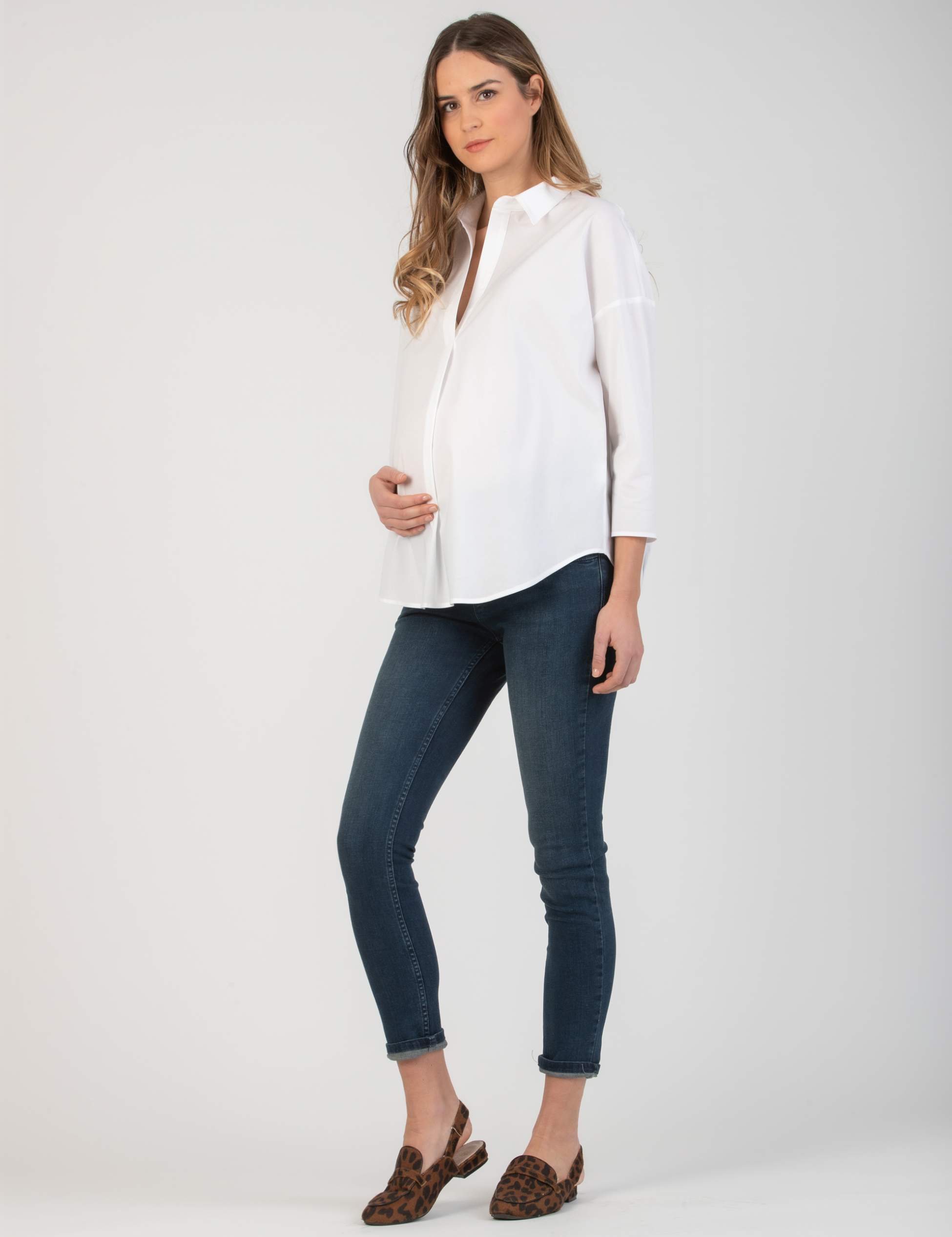 OLIVIA - Camicia Over Premaman in Popeline di Cotone Elasticizzato (Avorio, XS)