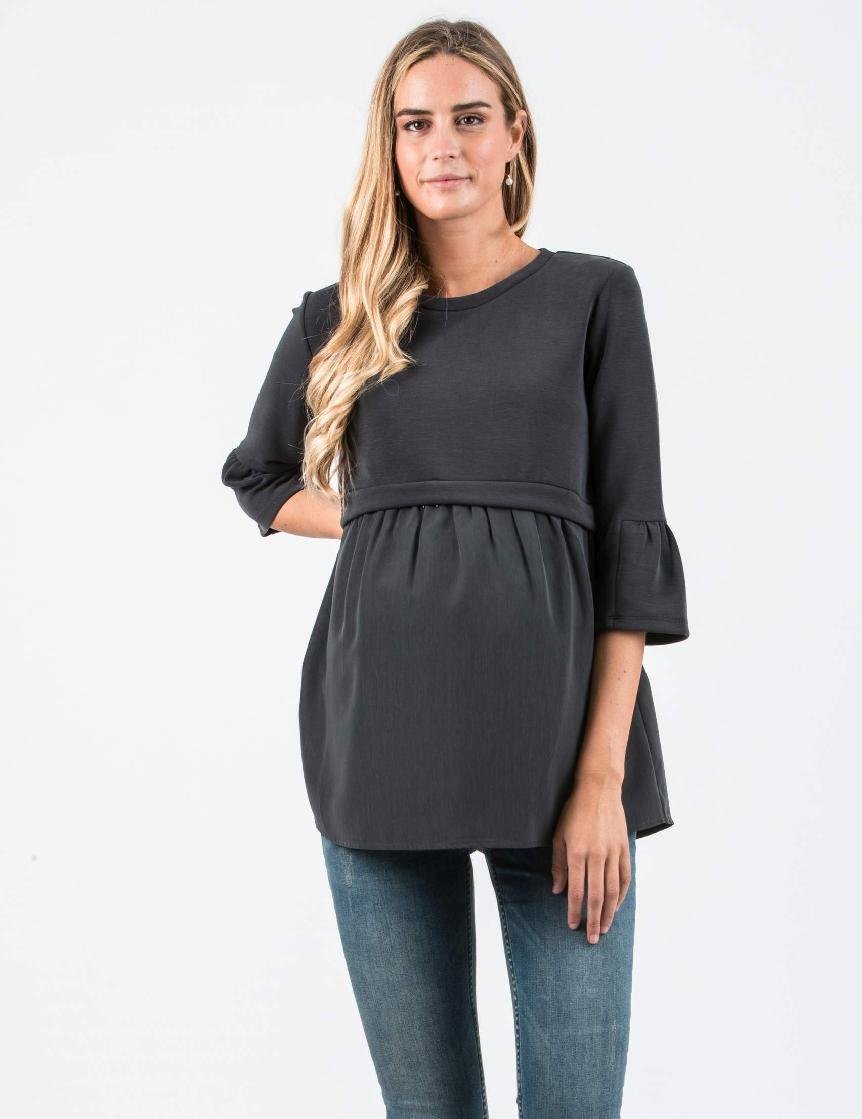 KYLIE - Maglia Premaman & Allattamento in Modal e Raso (Antracite, XS)