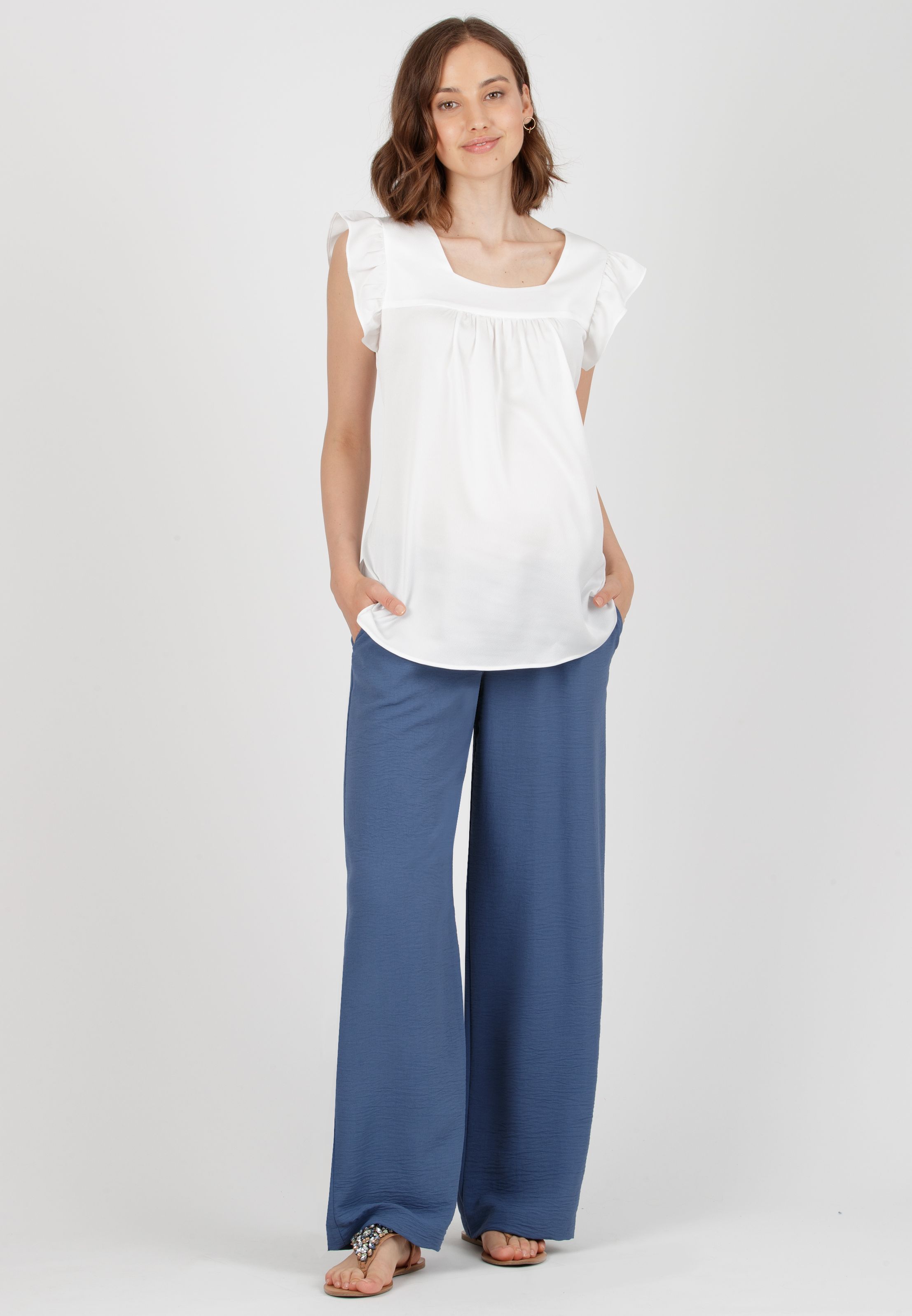 INES - Pantalone Premaman Fluido con Vita Bassa (Denim)