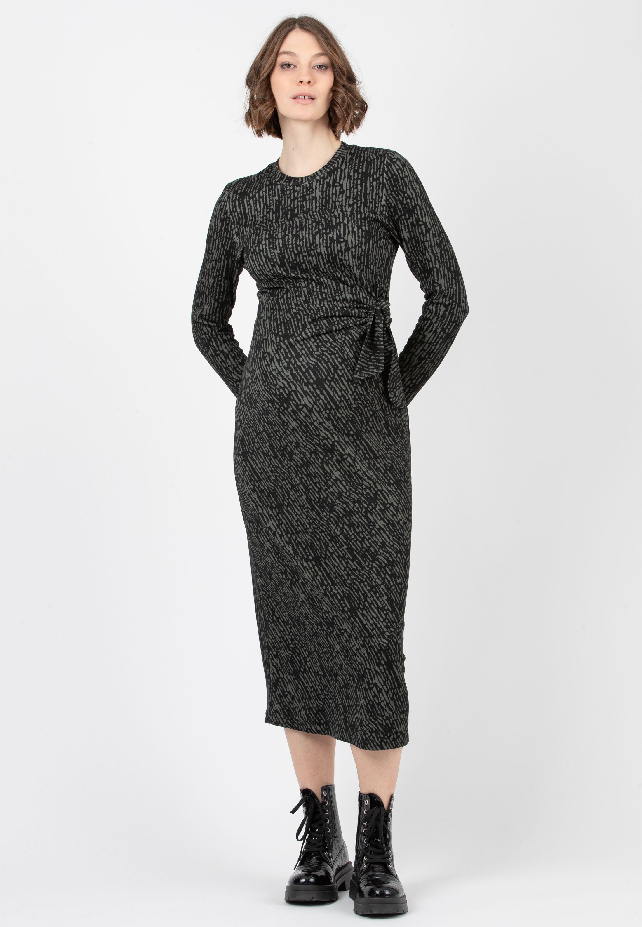 KAREN F - Maternity Dress in Printed Ponte Fabric with Knot (Dark Green, XS)