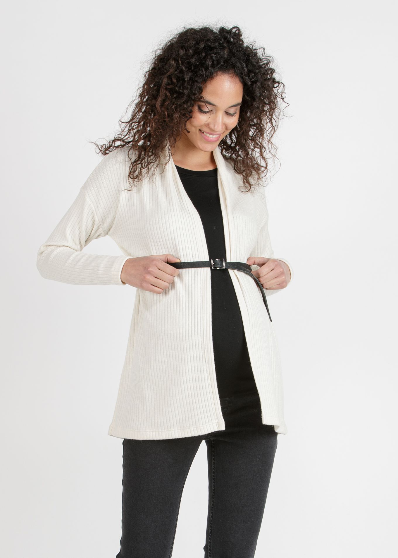 ARIANNA - Cardigan Premaman in Costina con Cintura (Avorio, XS)