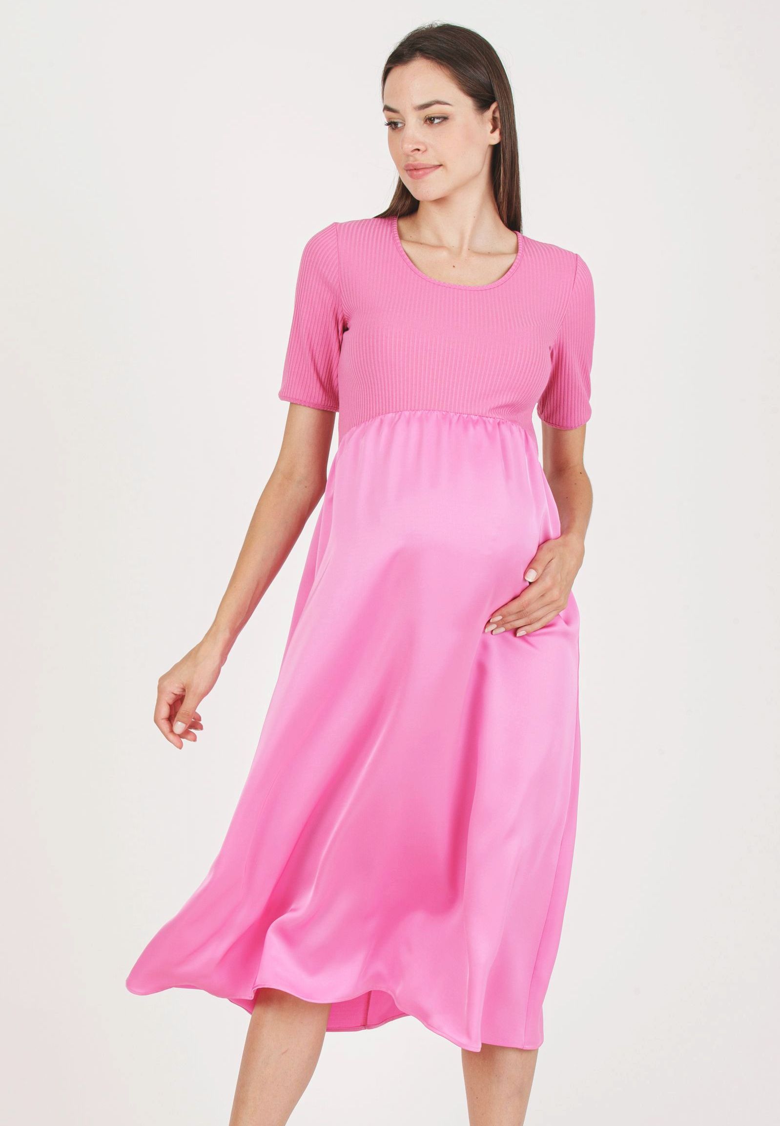 NASTIA - Abito Premaman in Costina con Gonna in Raso (Rosa, XS)