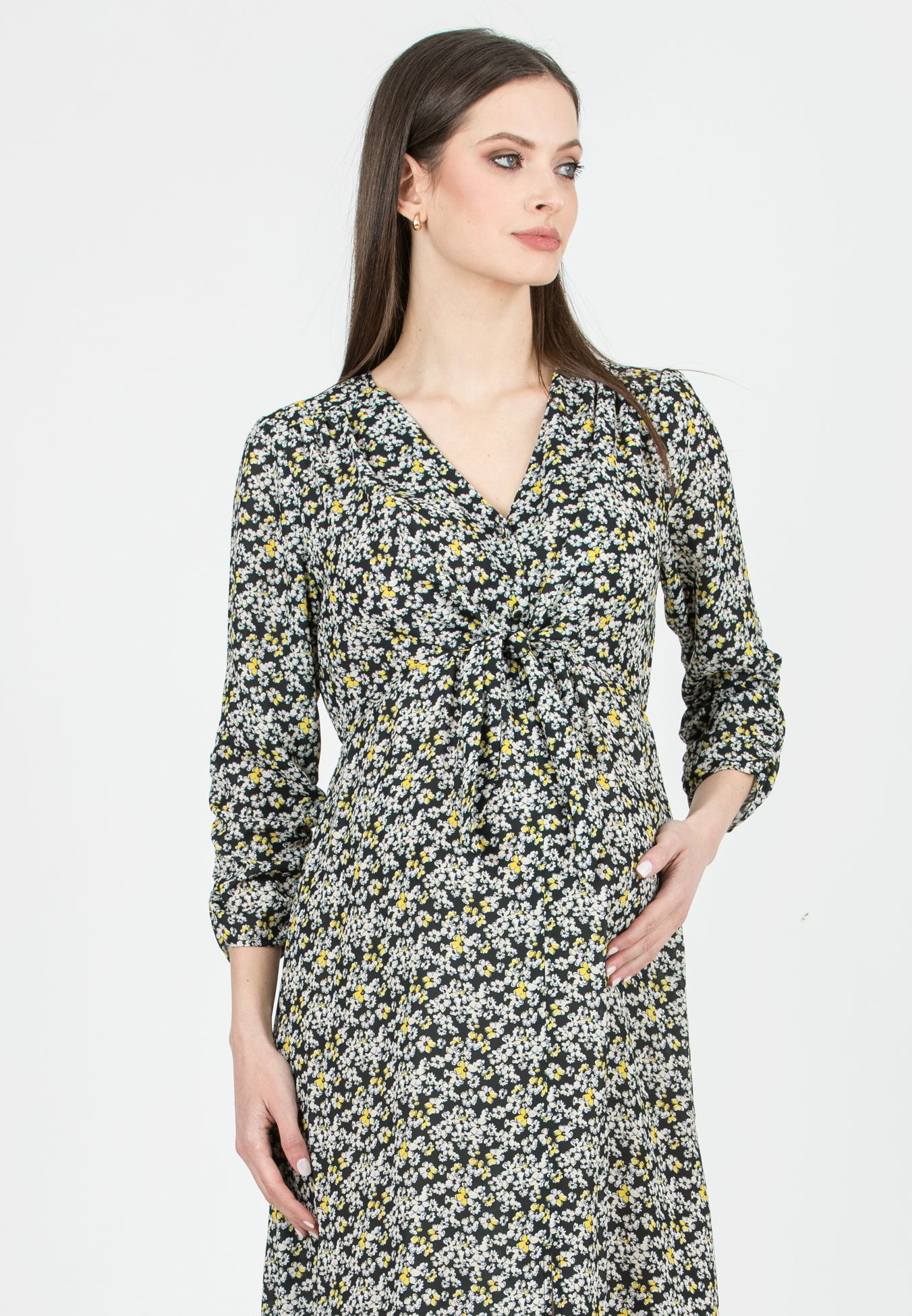 BELEN M/L - Printed Maternity & Nursing Dress with Knotted Bodice (Black, XS)