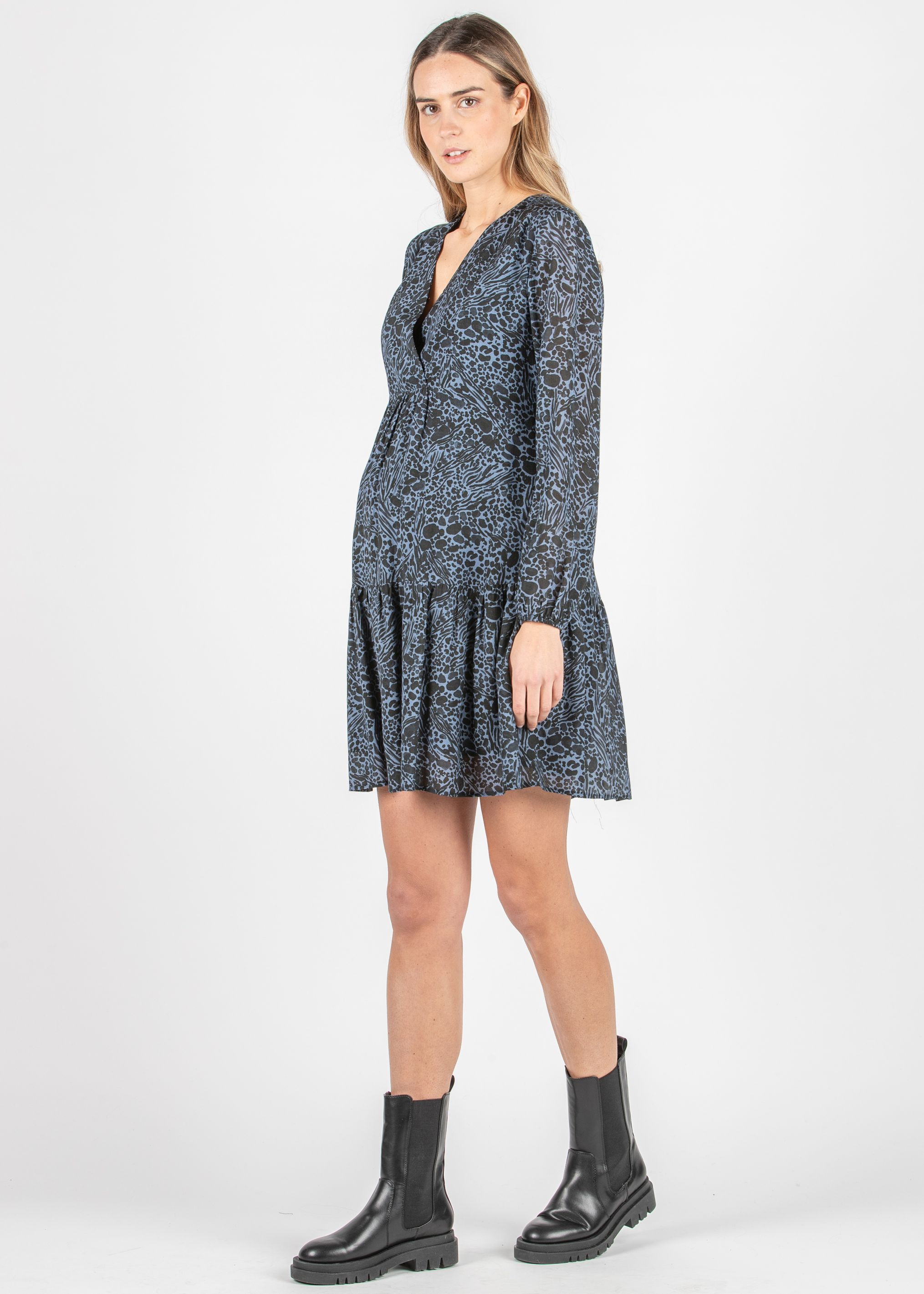 Abito Premaman & Allattamento in Viscosa con Scollo Incrociato e Balza Arricciata (Denim, XS)