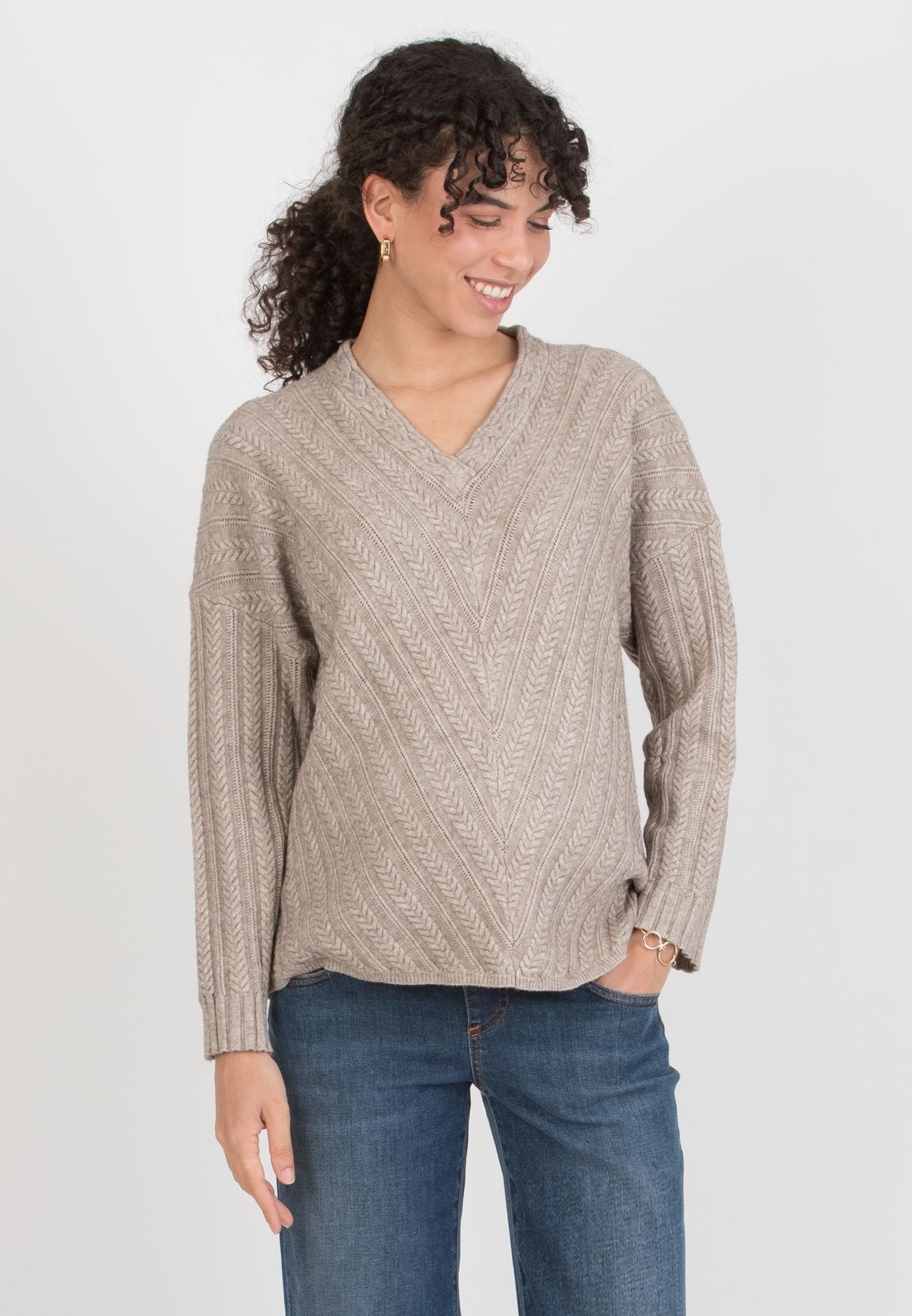 NATALIA - Maglioncino in maglia Intrecciata con Scollo a V (Sabbia)