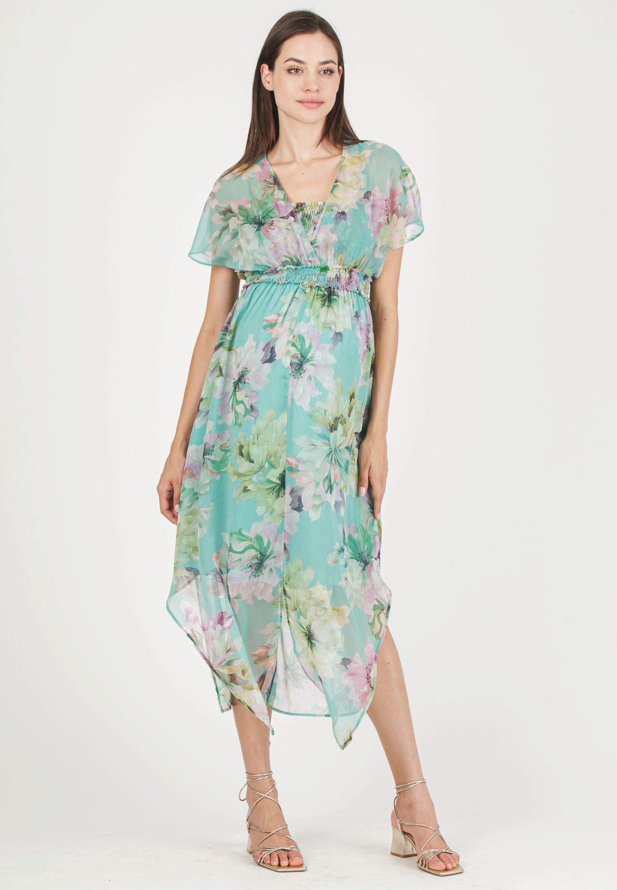 HOLLY - Maternity & Nursing Dress with Crossed Neckline and Asymmetric Hem (Aqua, XS)