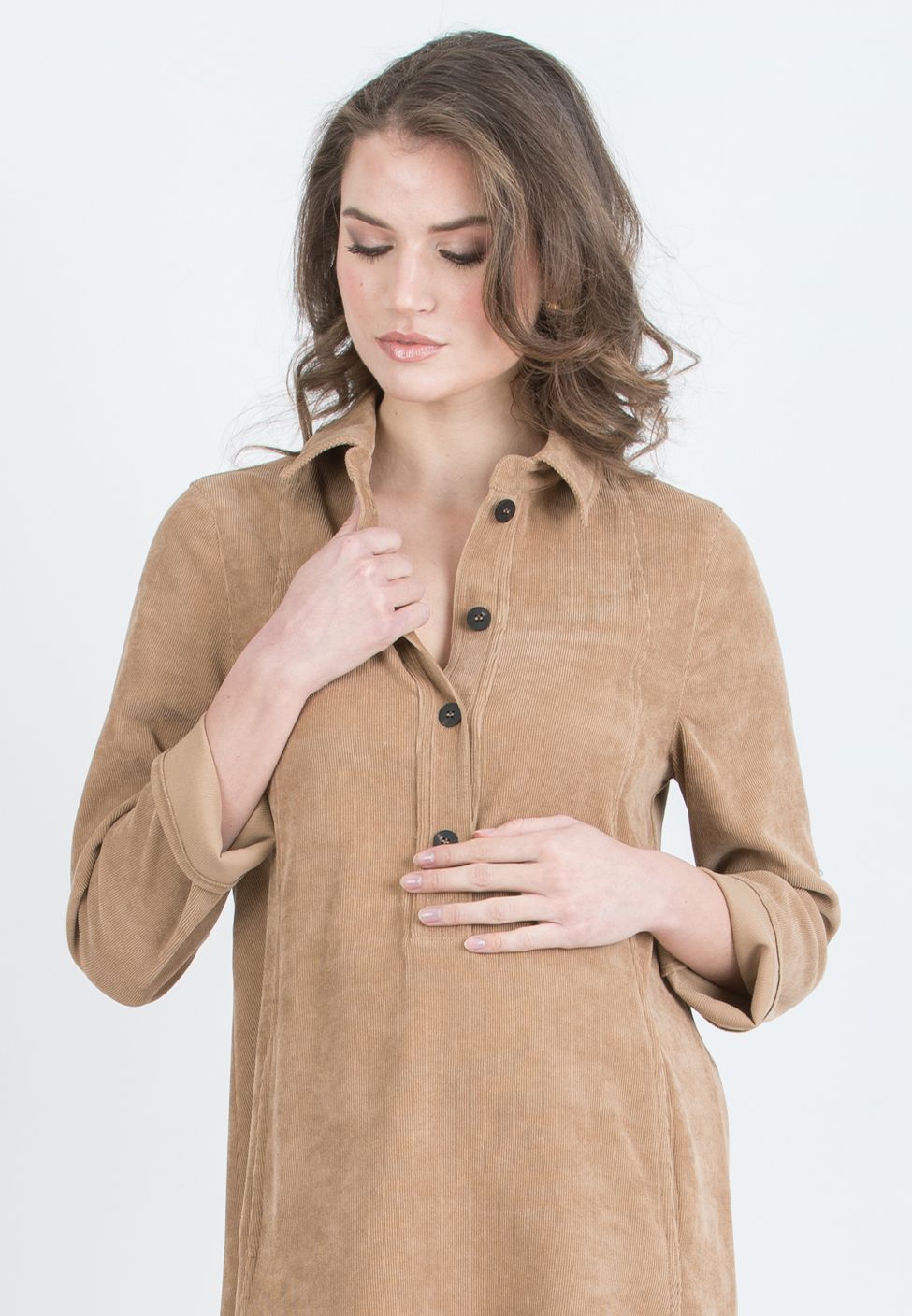 GRETA – Abito Camicia Premaman & Allattamento in Velluto (Cammello)