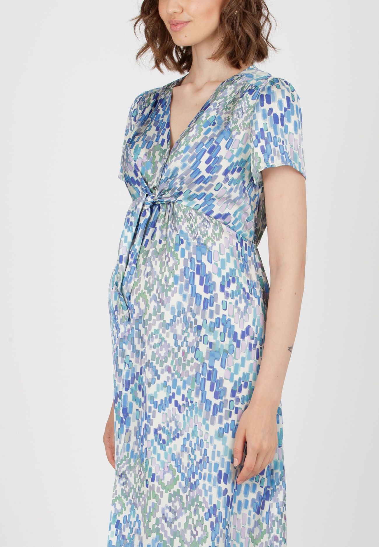BELEN M/M - Abito Premaman & Allattamento in Raso Stampato con Corpino Annodato (Azzurro, XS)