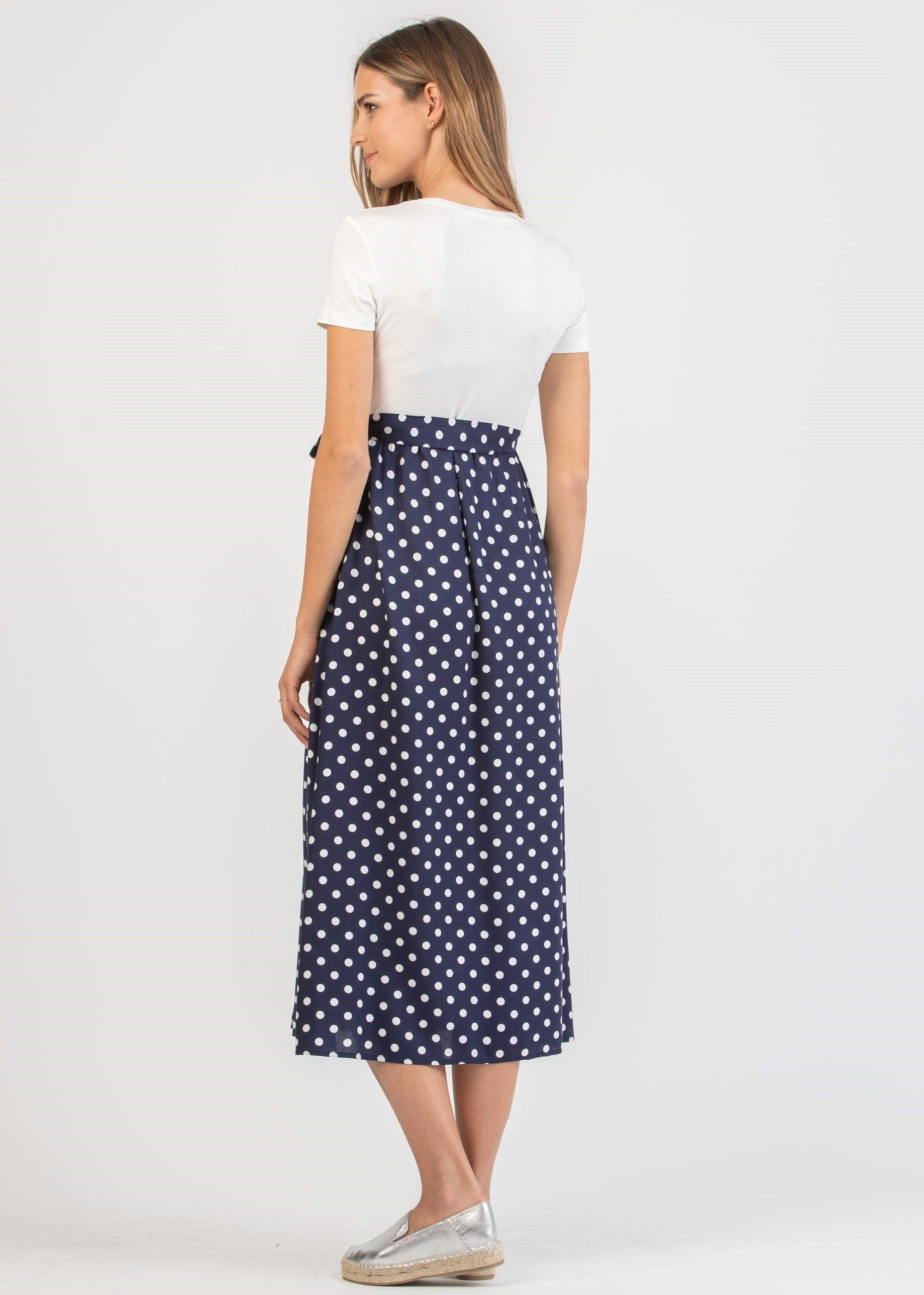 Abito Midi Premaman con Gonna a Pois a Portafoglio (Blu Scuro, XS)
