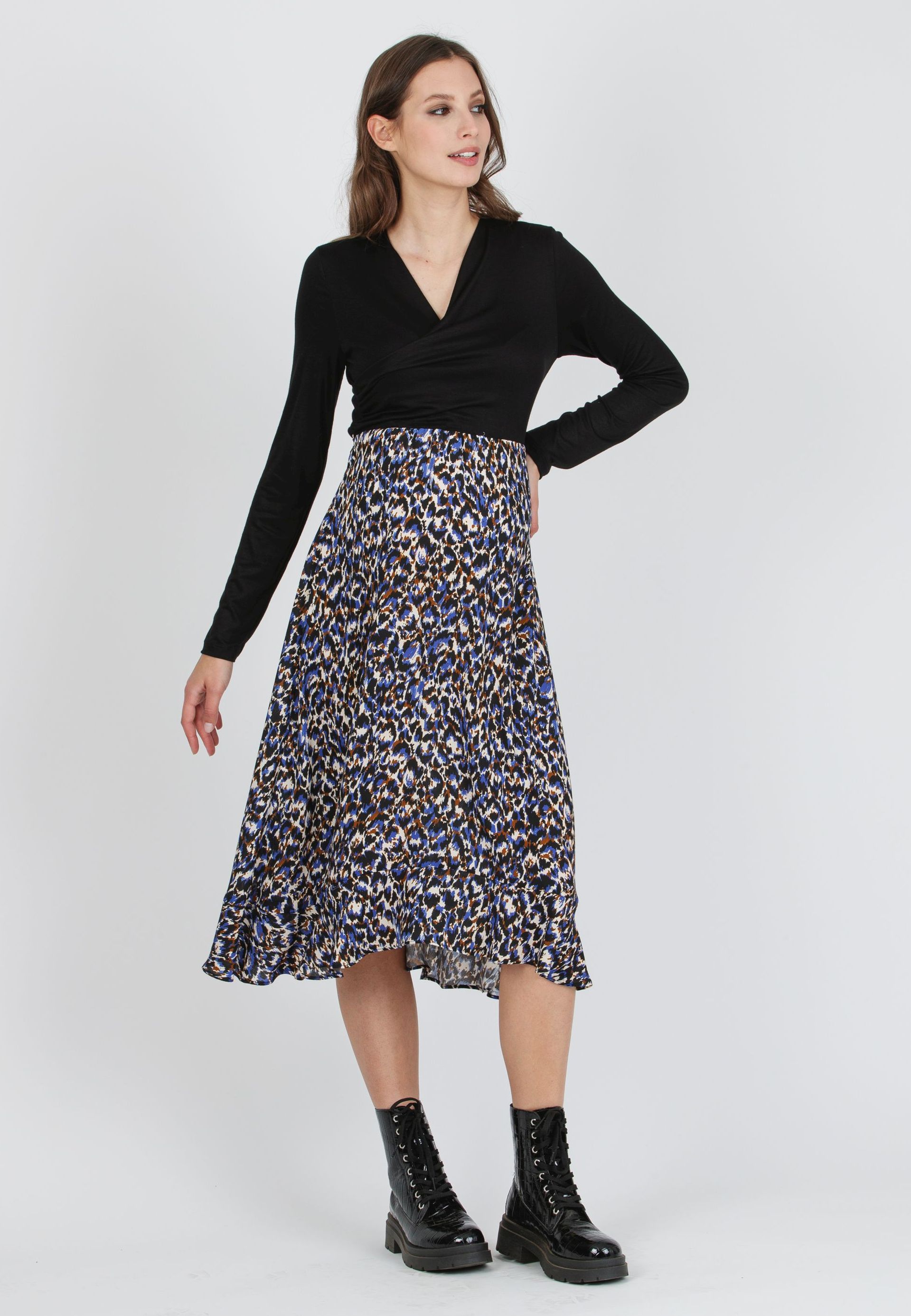MARTA M/L - Abito Midi Premaman & Allattamento con Gonna Stampata (Blu, XS)