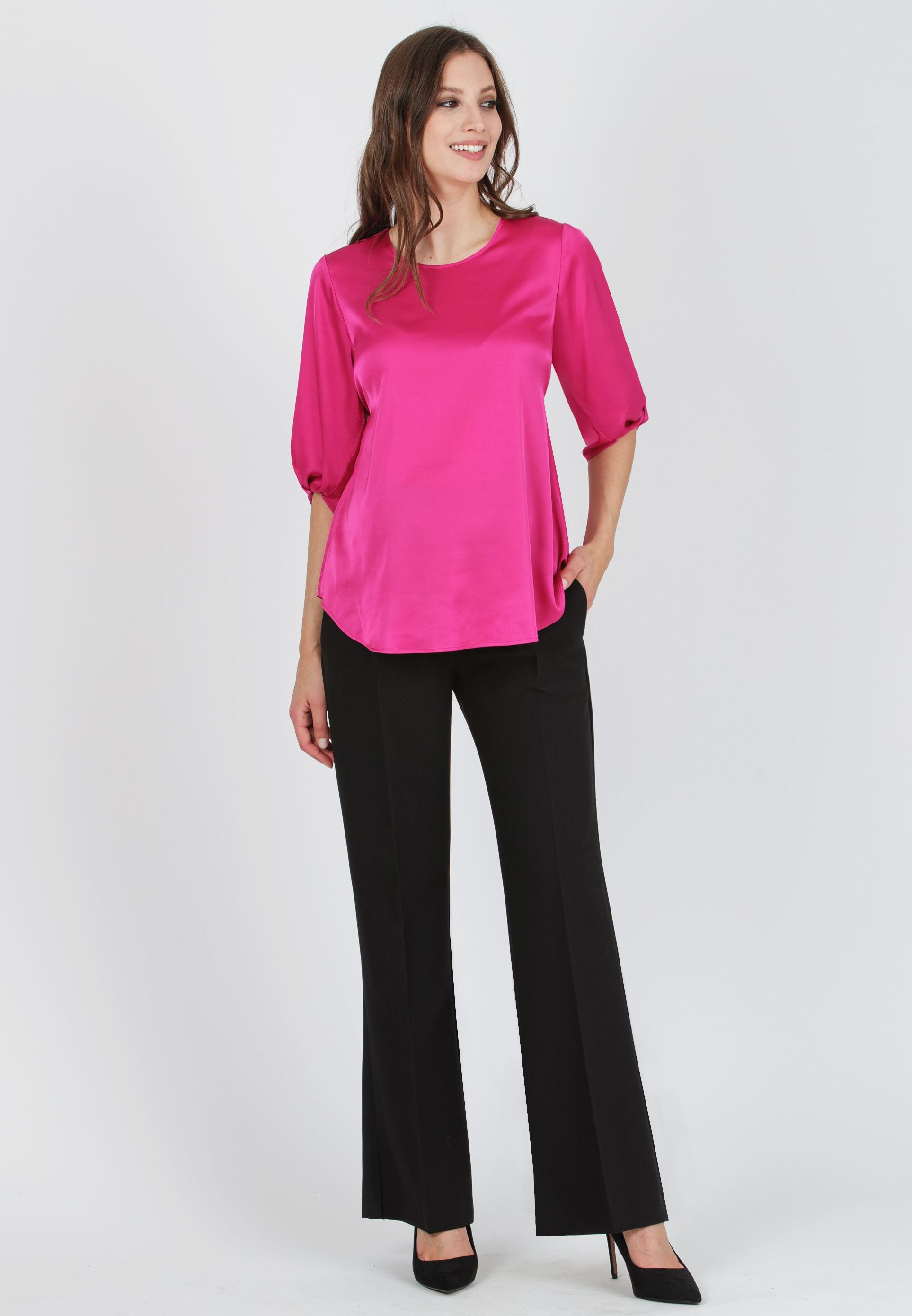 SYDNEY - Blusa Premaman in Raso con Nodo sul Fondo della Manica (Fuxia, XS)