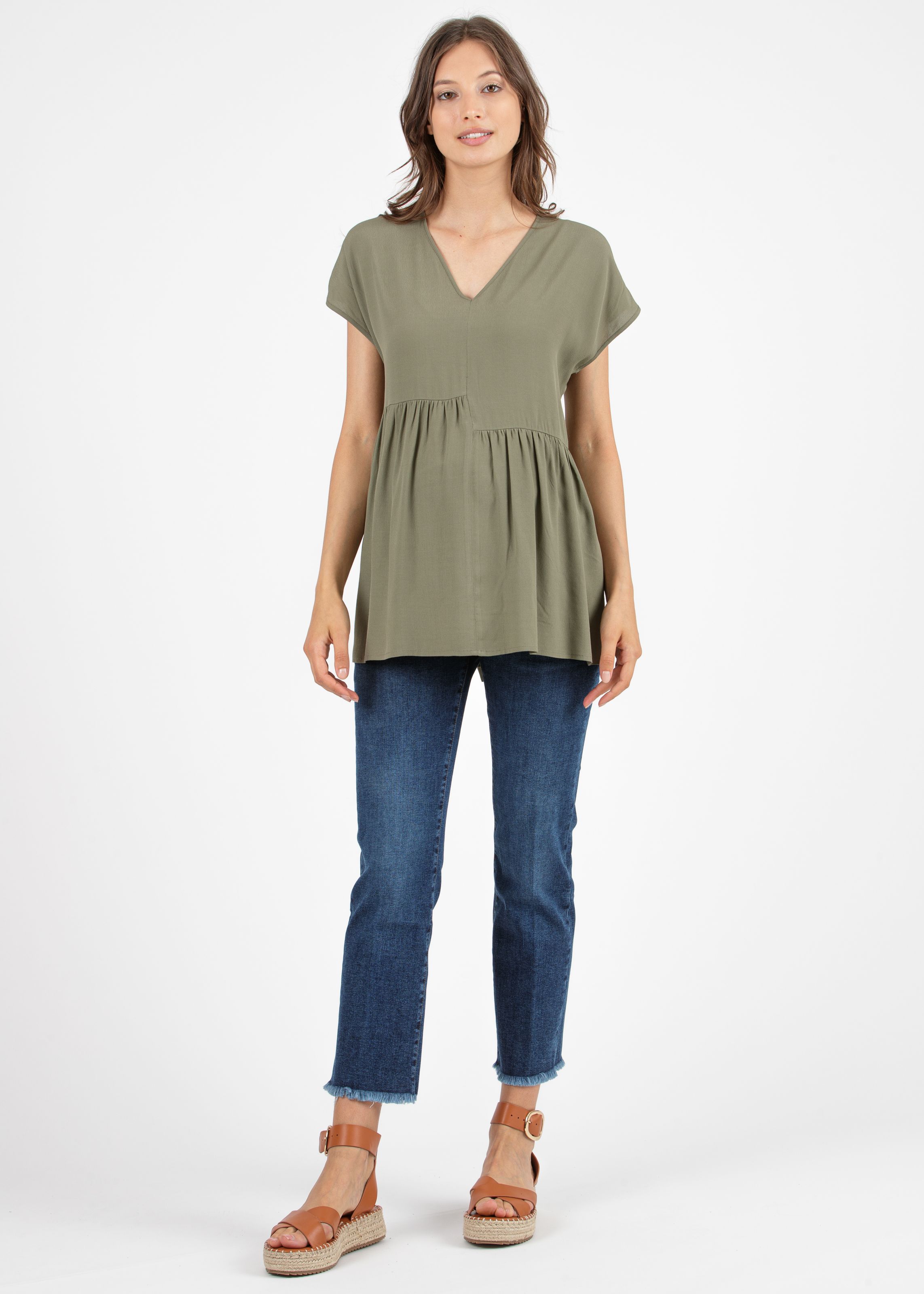 Maternity Blouse in Viscose Cady with Asymmetric Gatherings (Army Green, XS)