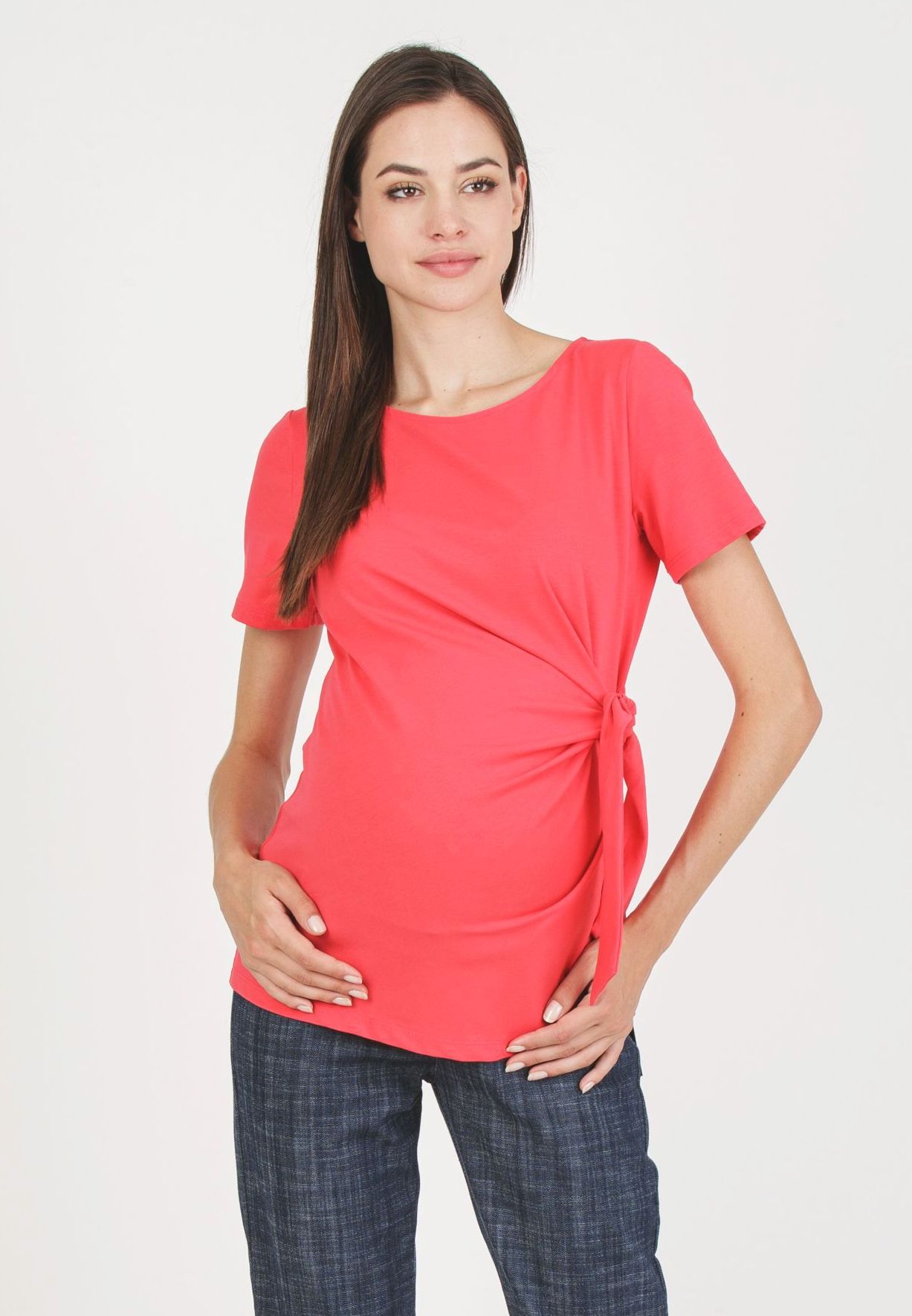 KAREN M - T-Shirt Premaman in Jersey di Cotone con Nodo Laterale (Corallo, XS)