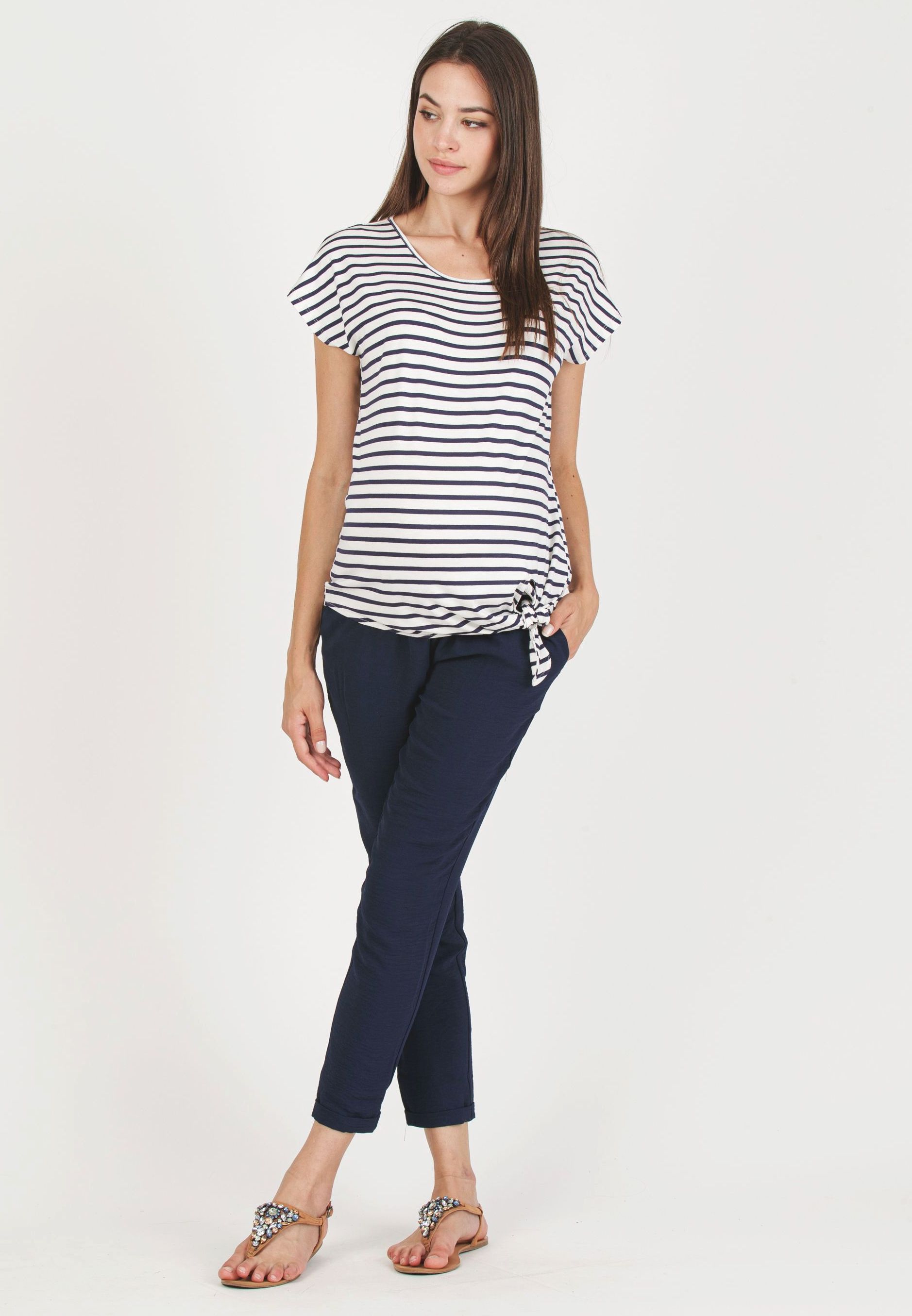URSULA R - T-Shirt Premaman A Righe con Nodo Laterale (Blu, XS)