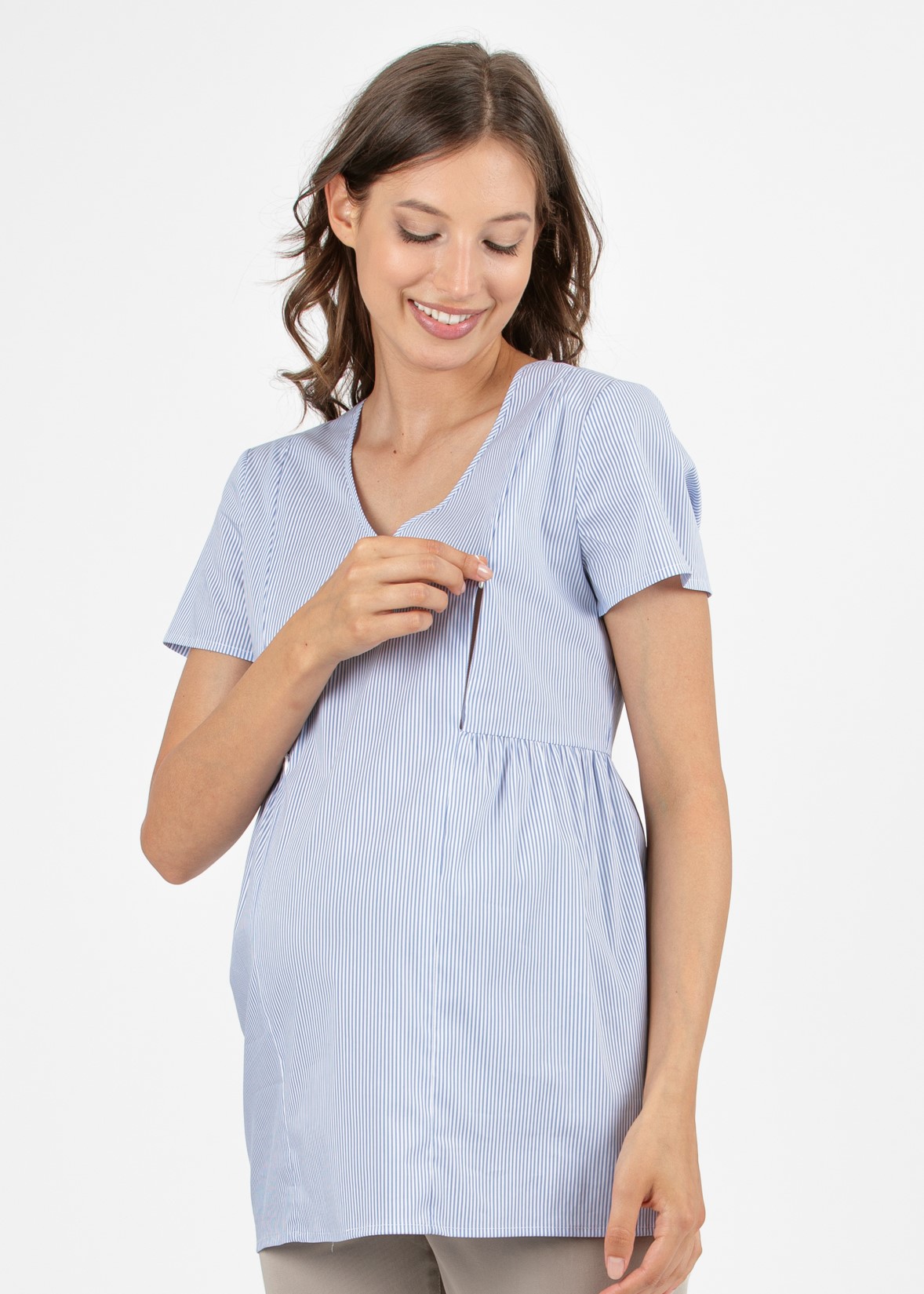 Camicetta Premaman & Allattamento in Popeline di Cotone a Righe (Azzurro, M)