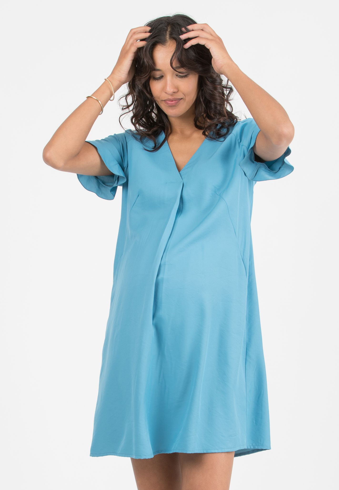 YUMI - Maternity Dress with Central Pleat (Blue, XS)