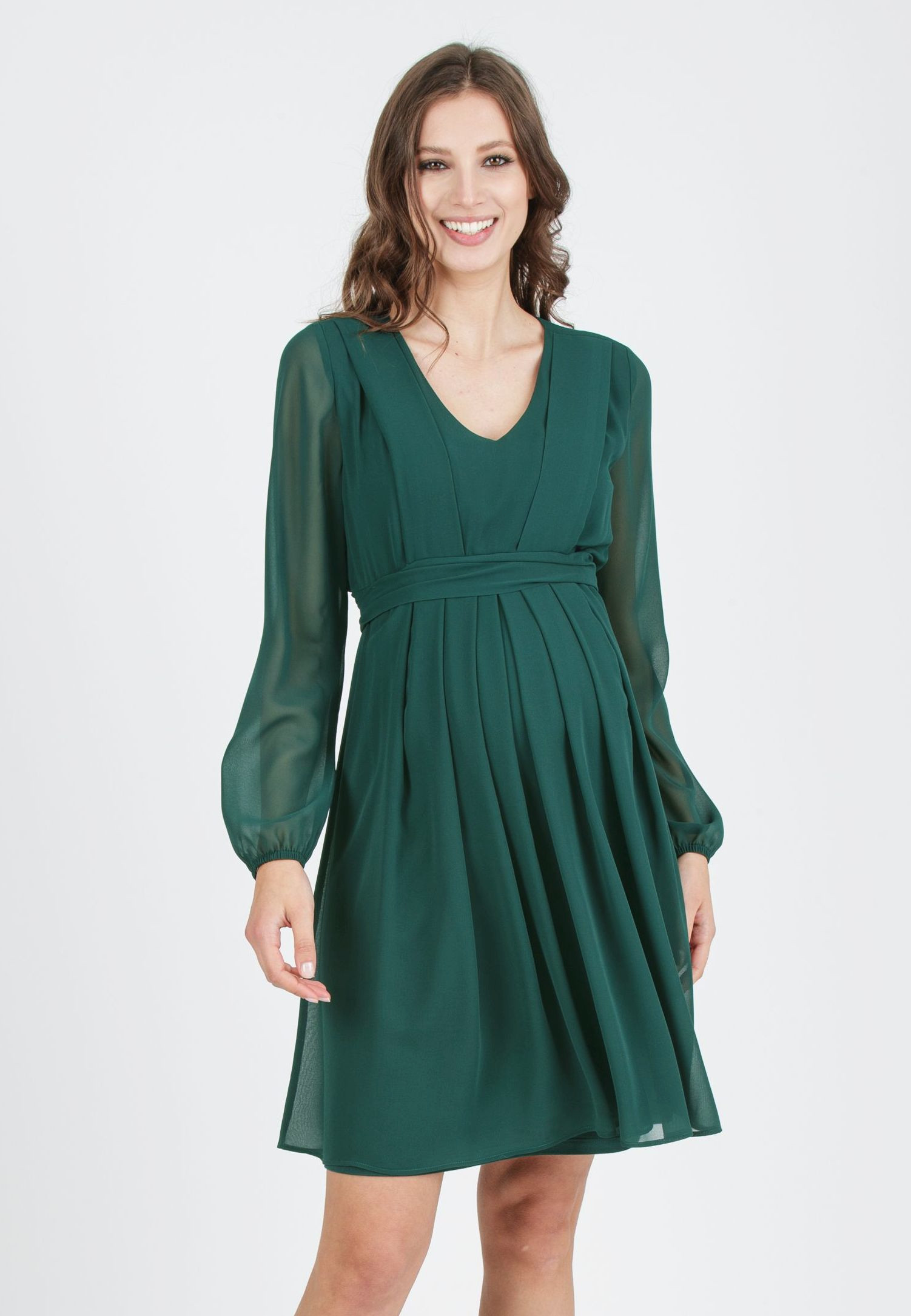 SARA - Maternity & Nursing Dress in Chiffon (Dark Green, XS)