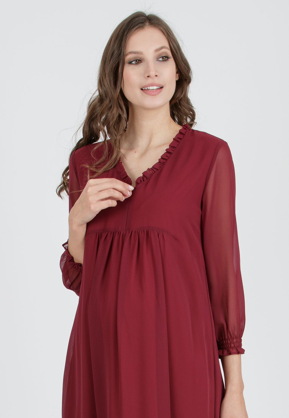 DIANA - Chiffon Maternity & Nursing Dress with Ruffle Trims on the Neck (Plum, XS)