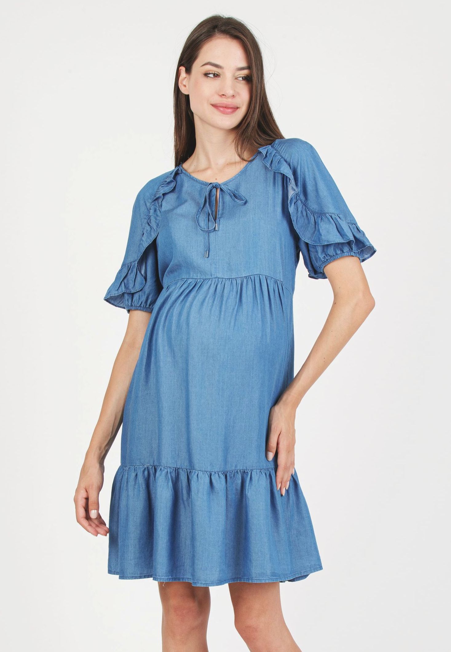 TINA J - Abito Premaman in Tencel con Volant (Denim, XS)
