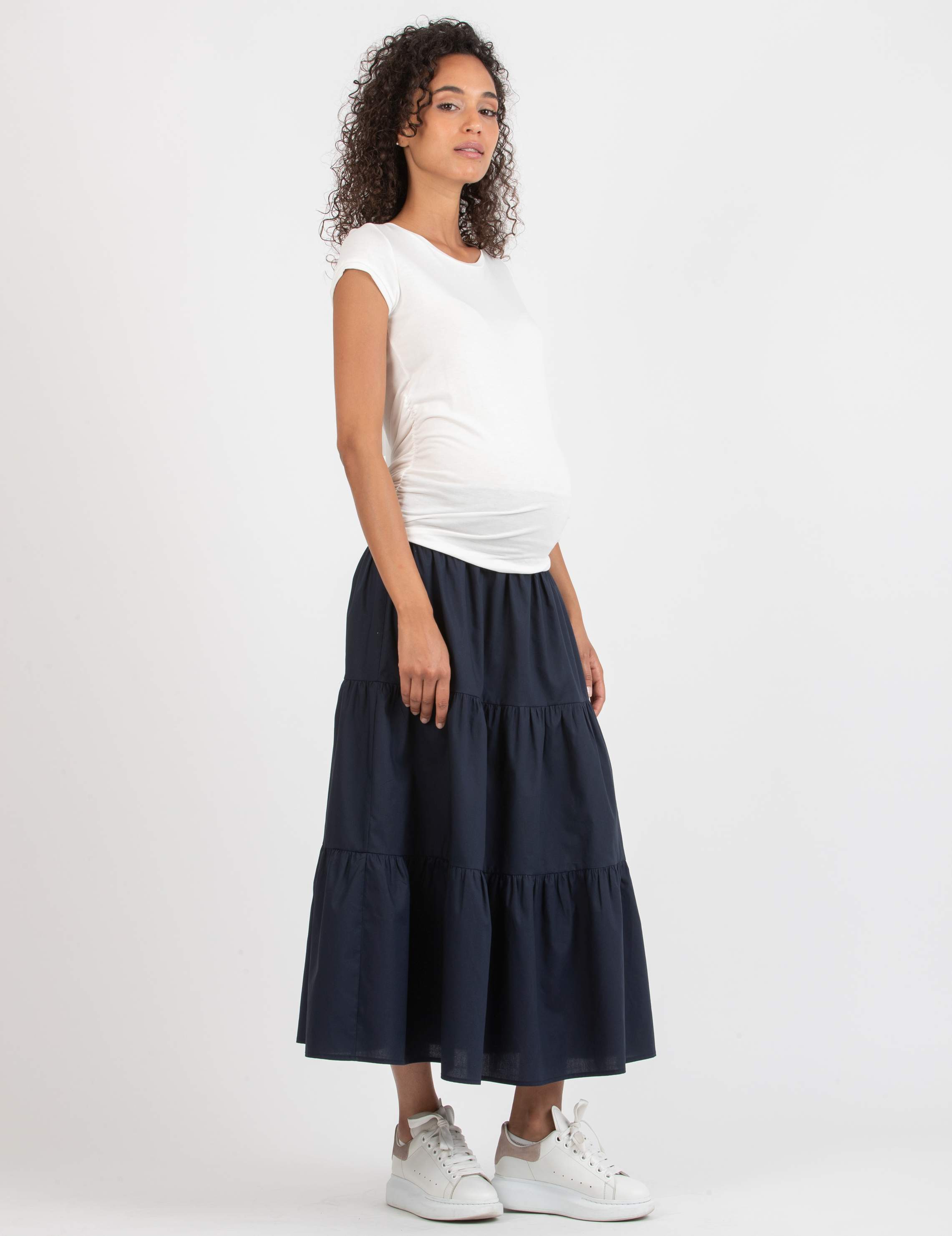 Maternity Skirt in Cotton Poplin with Wide Flounces (Blu)