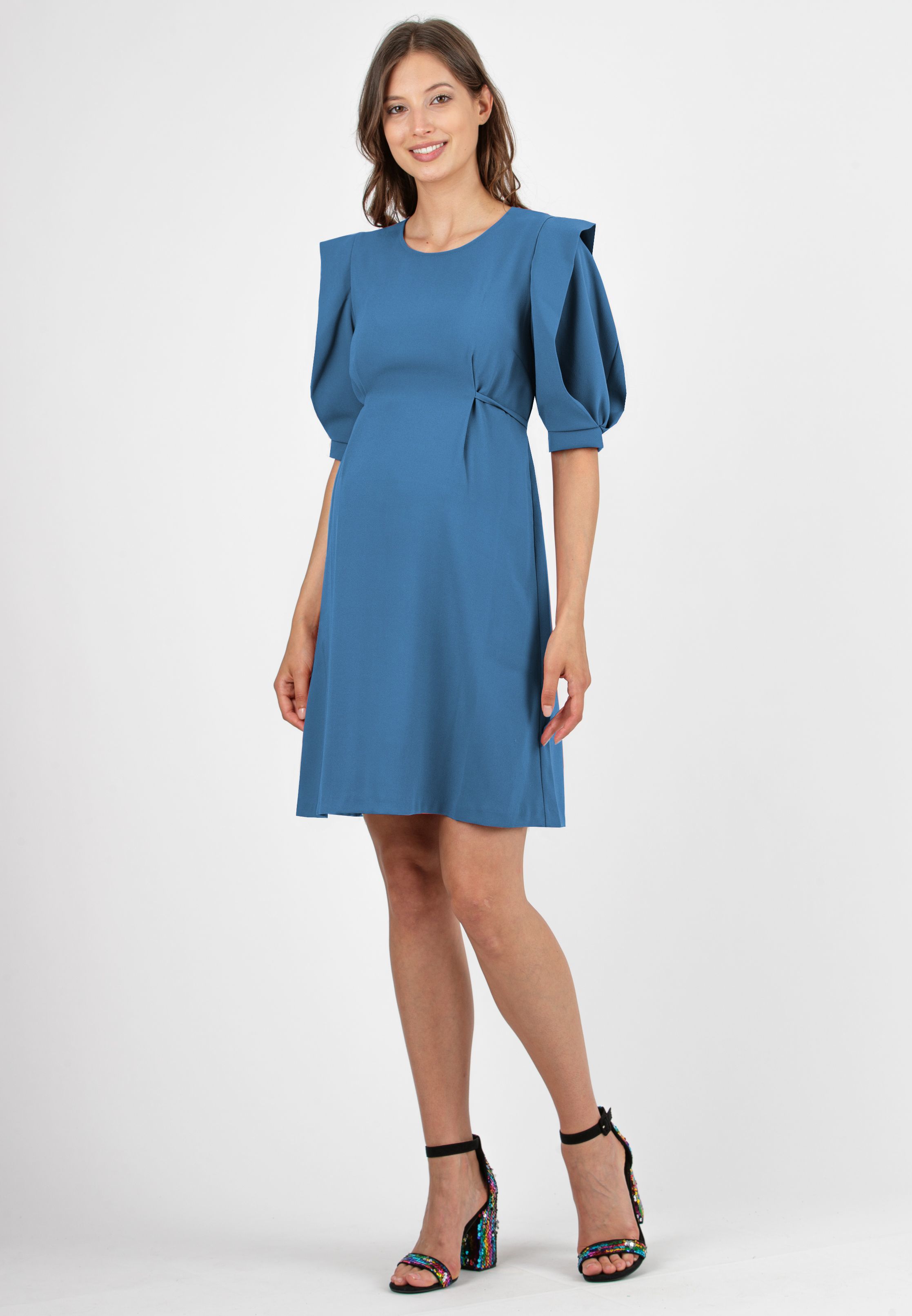SAMANTHA - Abito Premaman con Maniche a Petalo e Laccetto in Vita (Azzurro, XS)