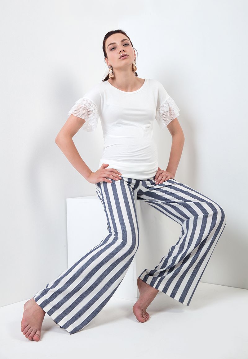 WINONA L - Maternity Striped Linen Trousers (Blu)
