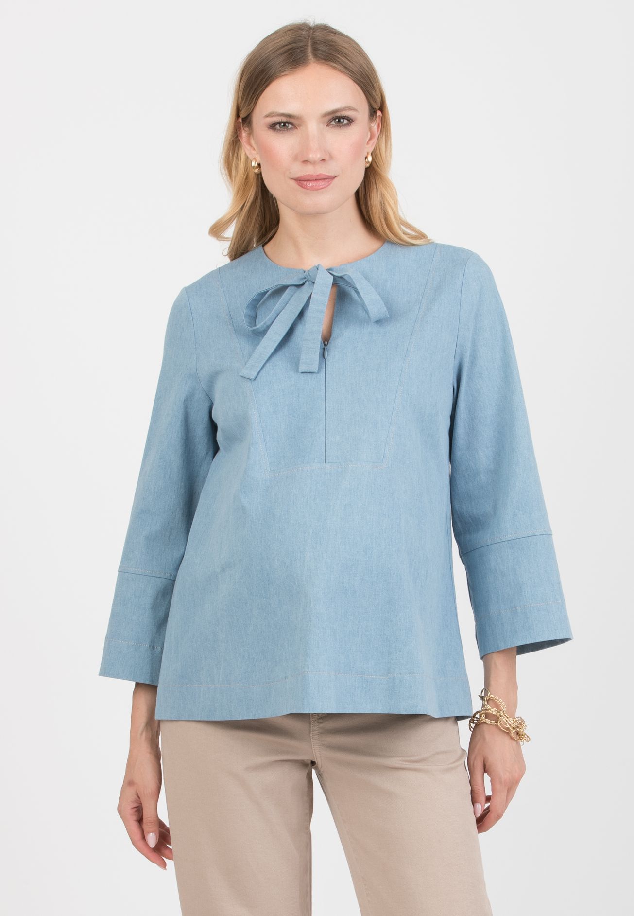 DAISY - Casacca Premaman & Allattamento in Jeans Leggero Stretch con Fiocco (Azzurro)
