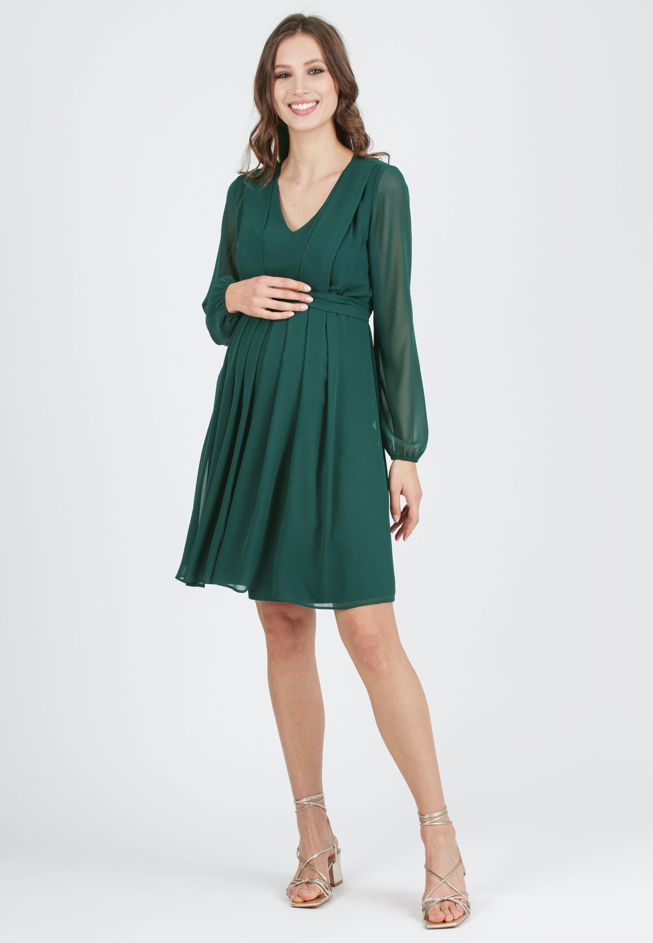 SARA - Maternity & Nursing Dress in Chiffon (Dark Green, XS)