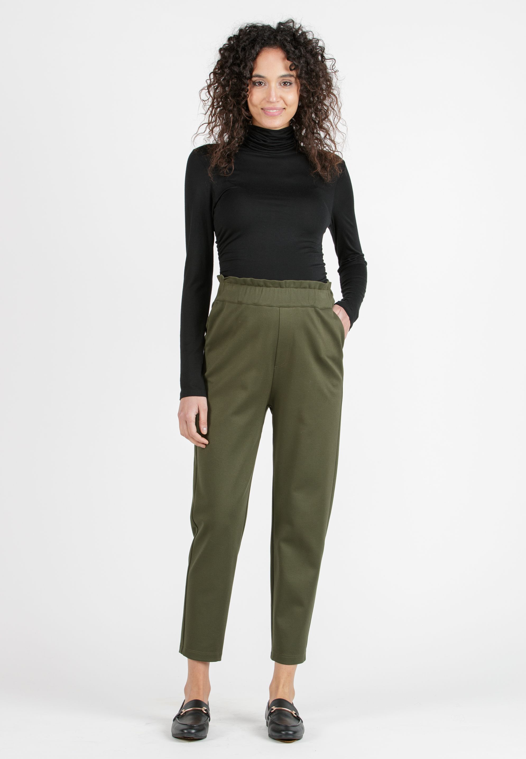 CLARA - Pantalone Premaman Paperbag con Vita Elasticizzata (Verde Militare, XS)