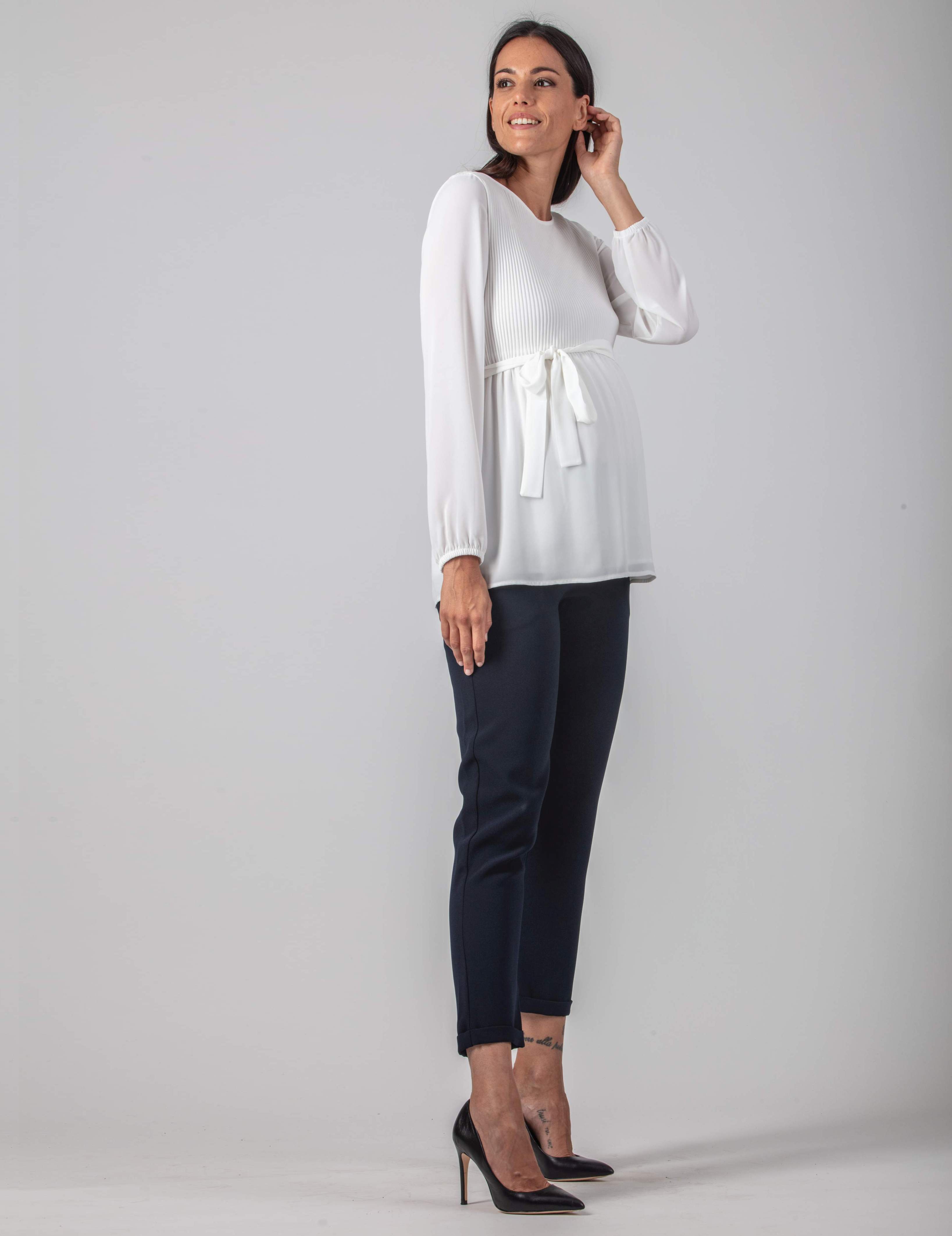 Camicetta Premaman in Georgette con Corpino in Kristal Plissé (Avorio, XS)