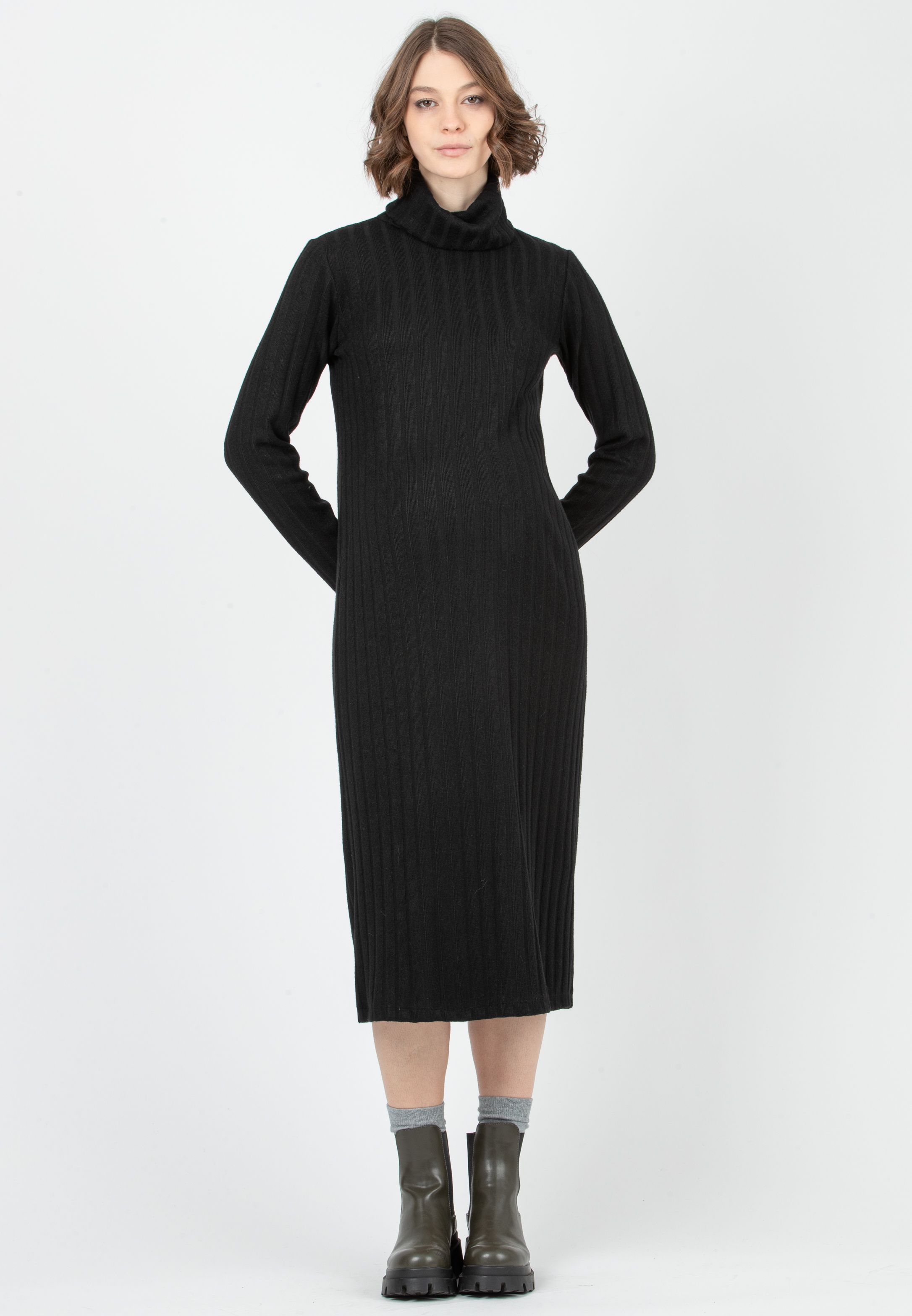 SHEILA MIDI - Abito Midi Premaman in Maglia a Coste Larghe (Nero, XS)