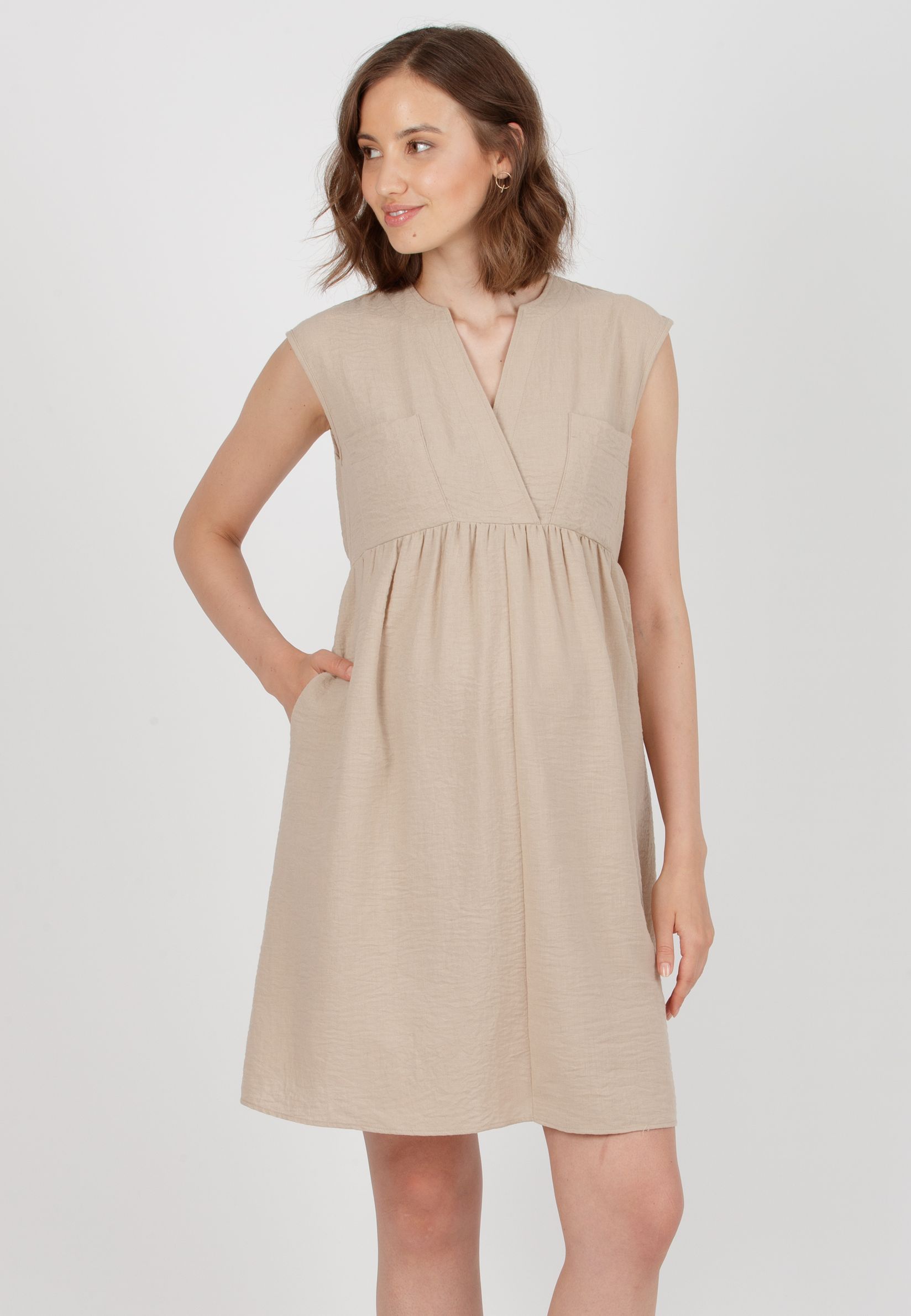 HARPER - Maternity & Nursing Dress with Pockets on Bodice (Beige, XS)
