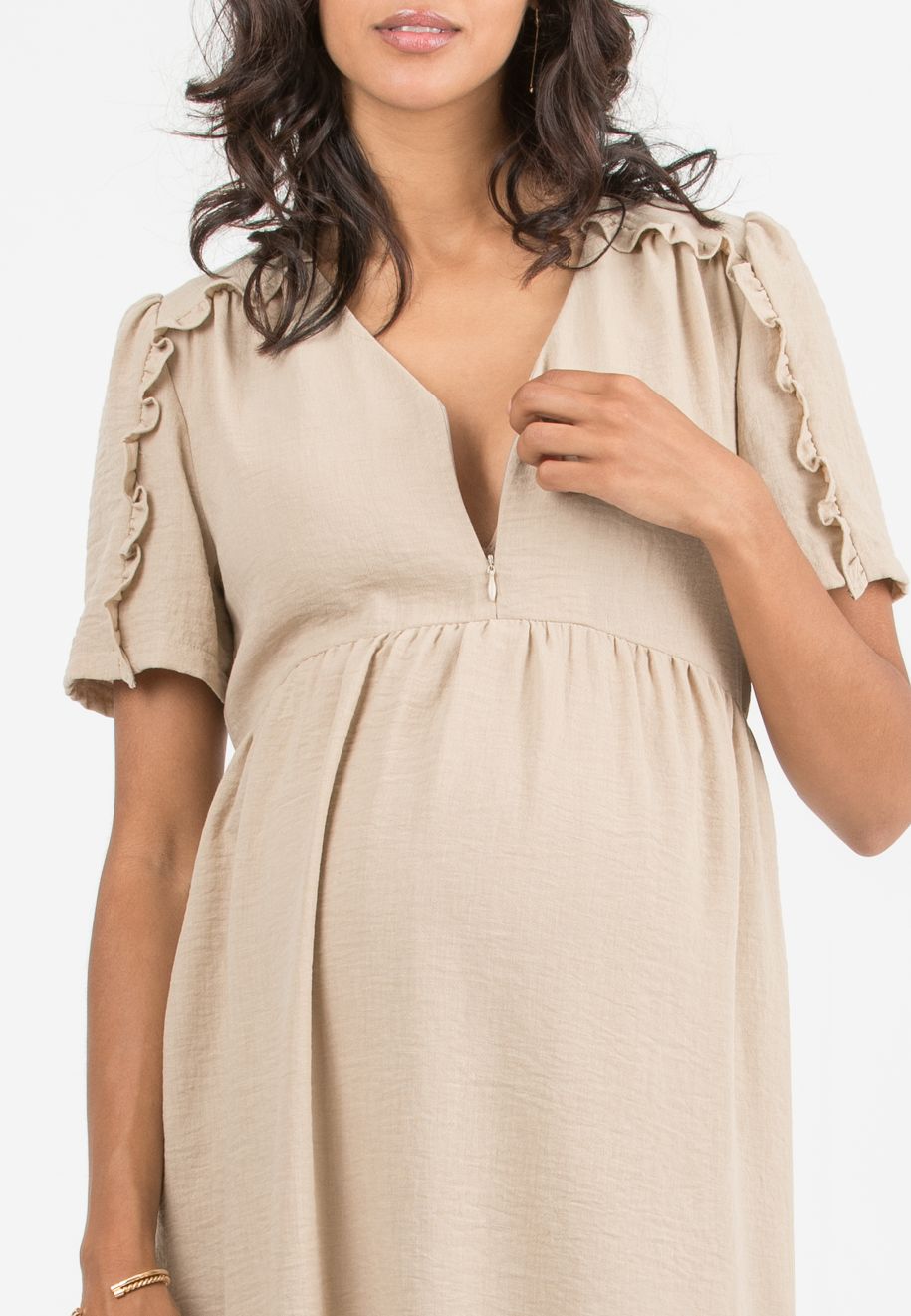 MERYL - Maternity & Nursing Dress with Ruffle Sleeves (Beige, XS)