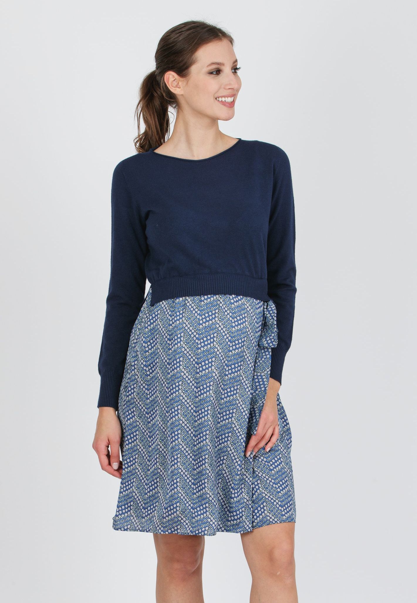 APRIL - Abito Premaman con Corpino in Maglia e Gonna in Raso (Blu, XS)