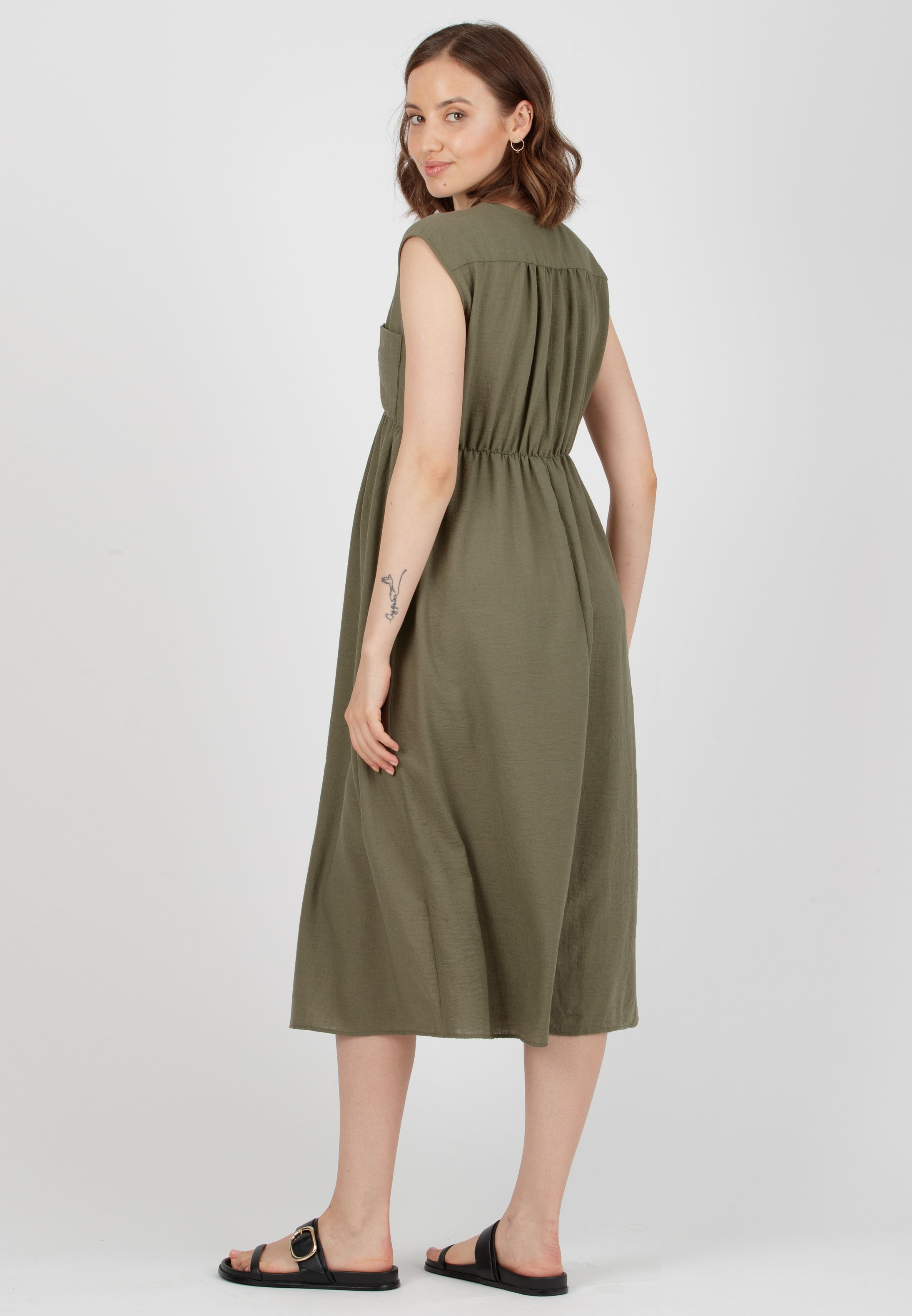 HARPER MIDI - Abito Premaman & Allattamento con Tasche sul Corpino (Verde Militare, XS)