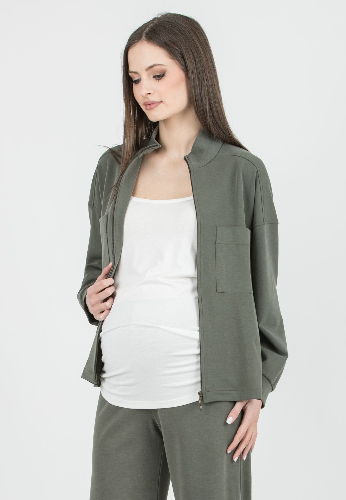 SAM - Maglia Premaman & Allattamento in Modal con Zip e Tasche (Verde Militare)